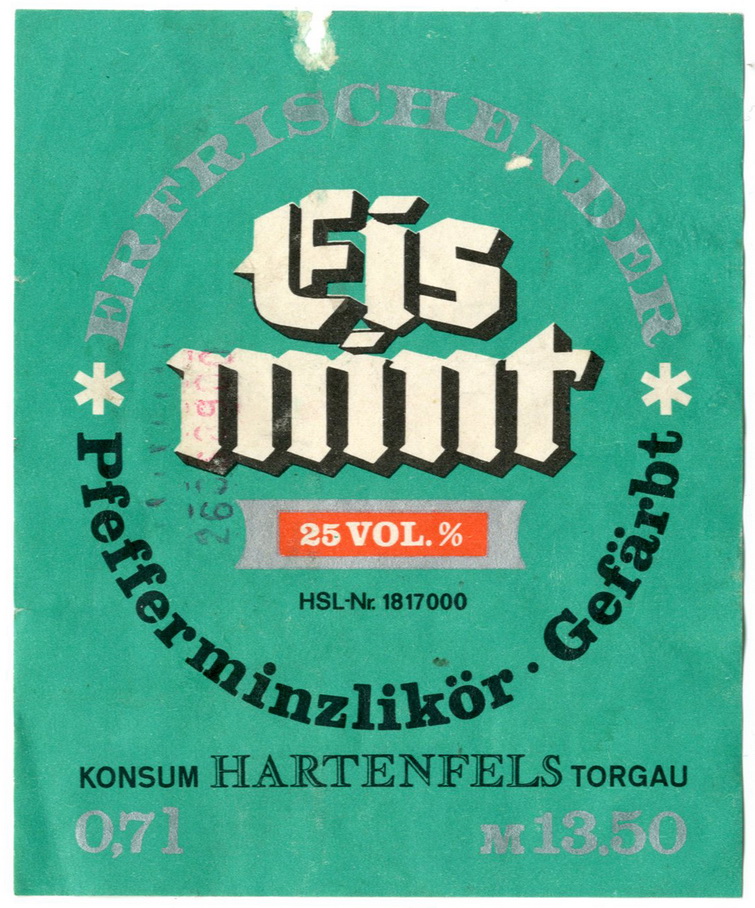 Etikett für: Pfefferminzlikör "Eis mint" (Haus der Geschichte Wittenberg RR-F)