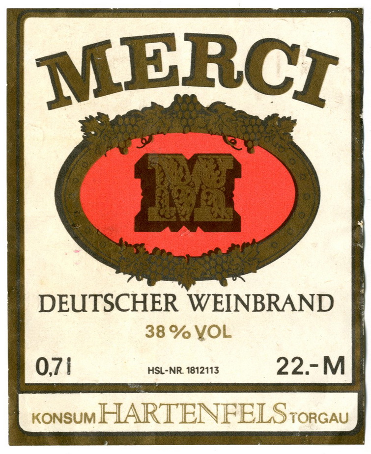 Etikett für : "Merci" Weinbrand (Haus der Geschichte Wittenberg RR-F)