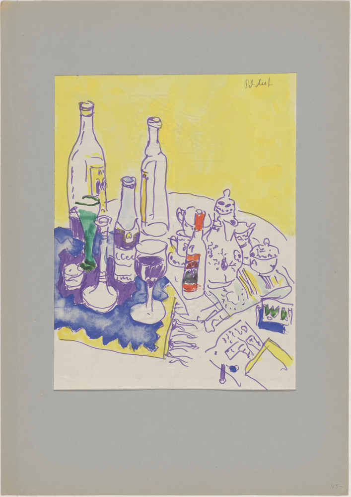 ohne Titel [Stillleben - Tisch mit Flaschen, Gläsern und Service] (Kulturstiftung Sachsen-Anhalt CC BY-NC-SA)