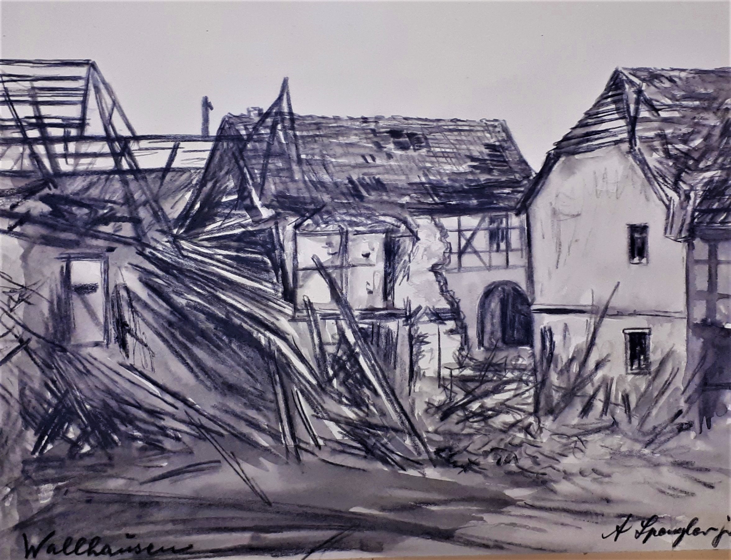 Bombenschäden in Wallhausen (Zeichnung) (Spengler-Museum CC BY-NC-SA)