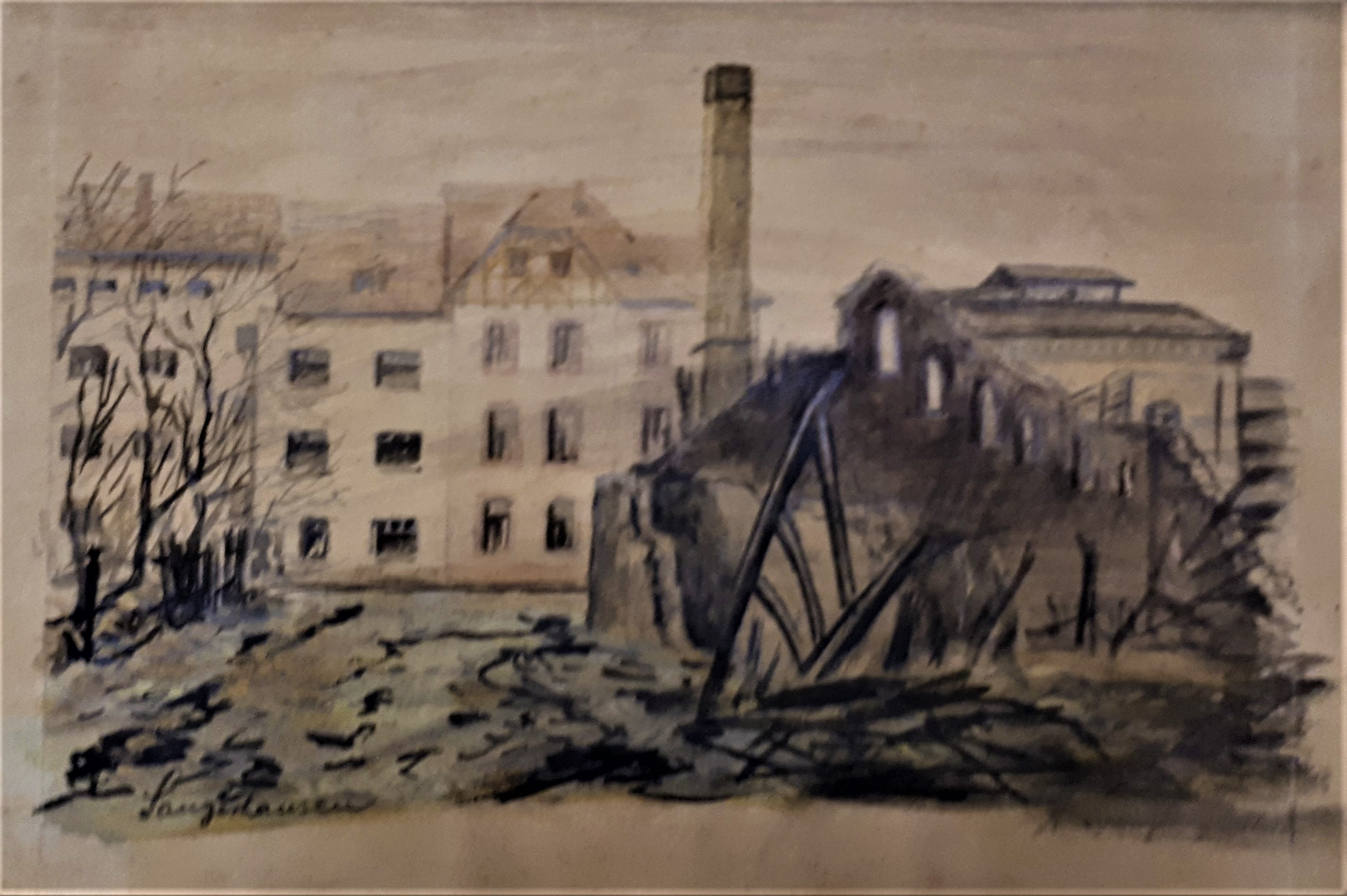 Das zerstörte Gaswerk in Sangerhausen (Zeichnung) (Spengler-Museum CC BY-NC-SA)