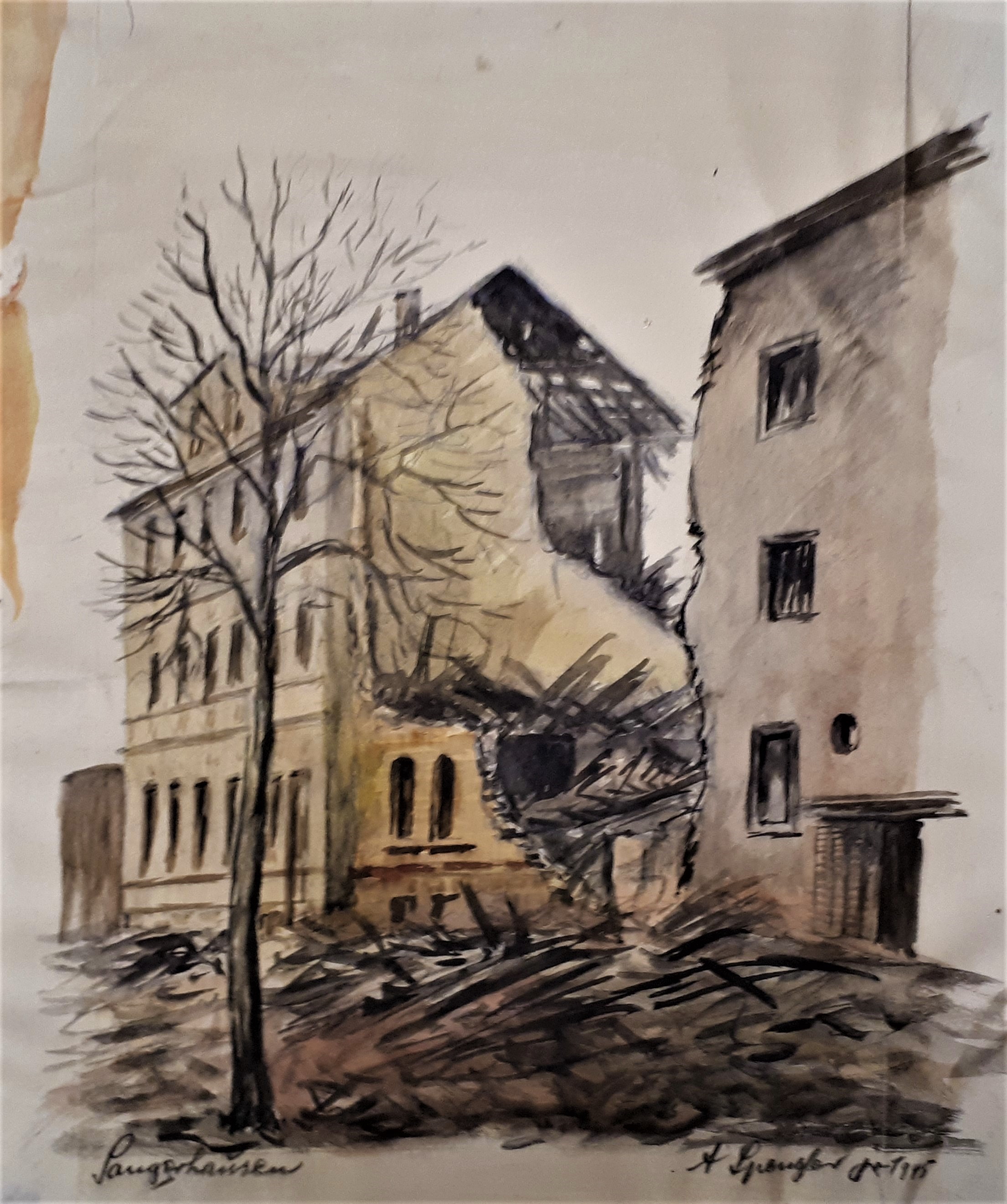 Zerstörtes Wohnhaus in Sangerhausen (Zeichnung) (Spengler-Museum CC BY-NC-SA)