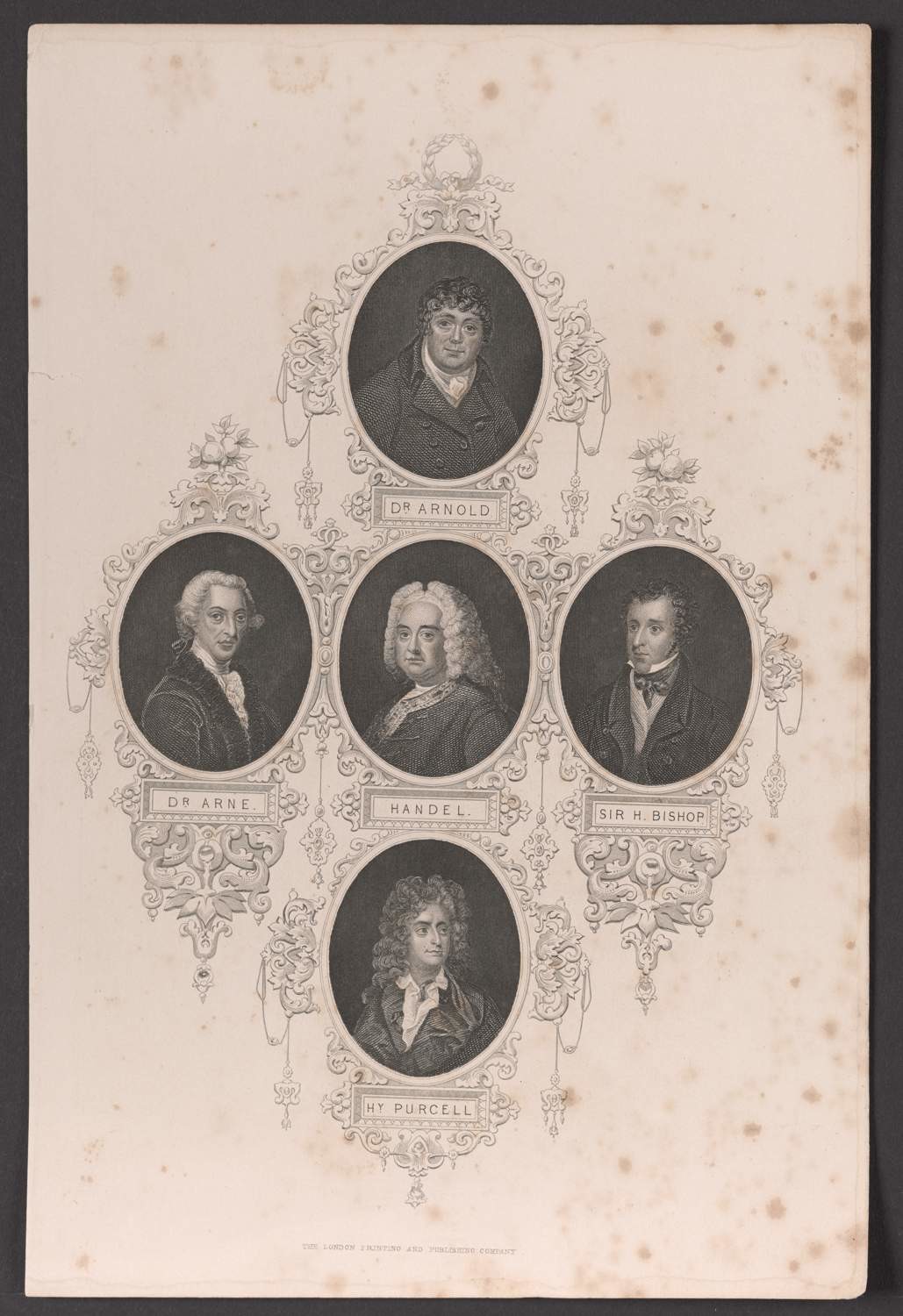 Porträt Samuel Arnold, Thomas Augustine Arne, Henry Bishop, Henry Purcell und Georg Friedrich Händel (Stiftung Händel-Haus CC BY-NC-SA)