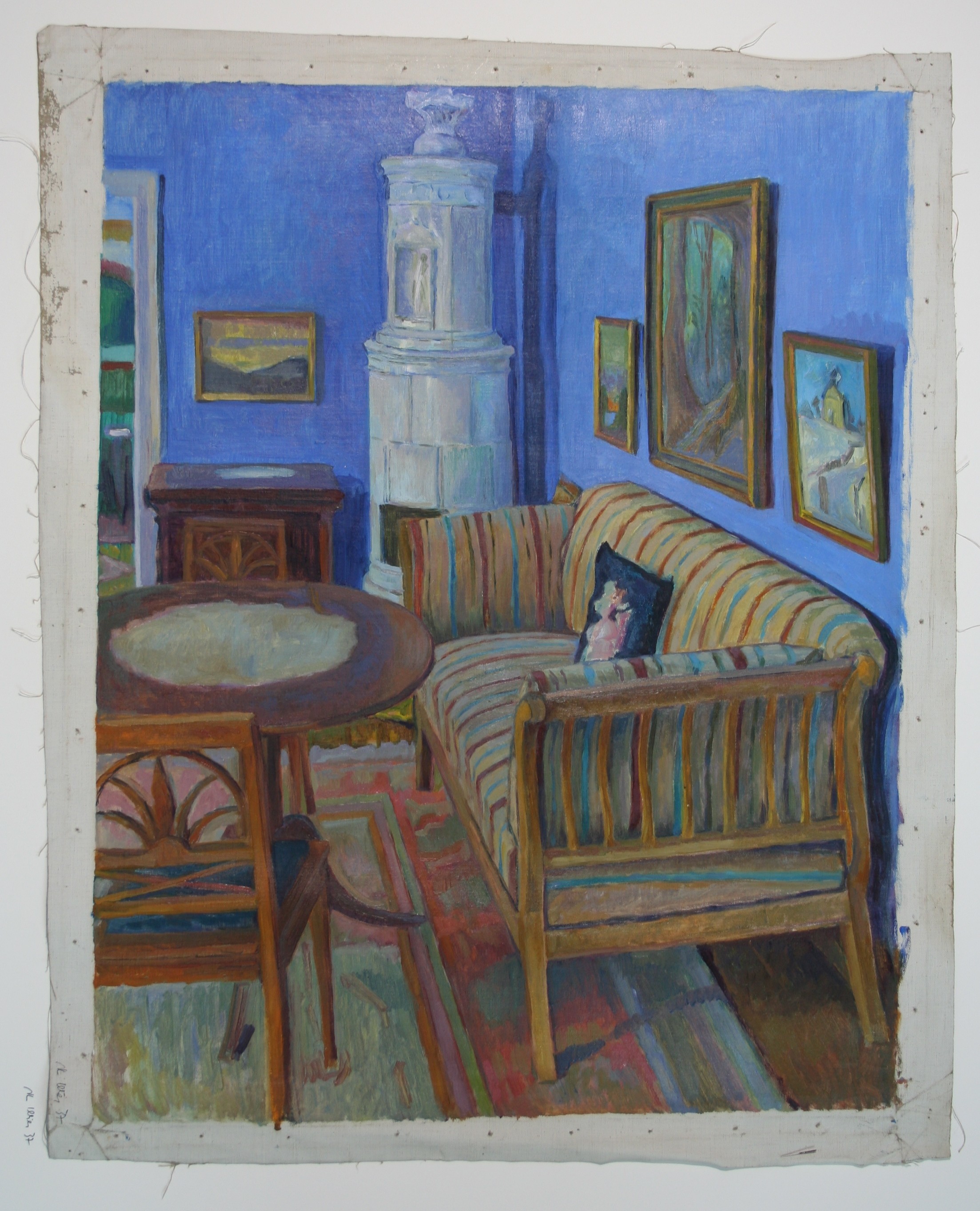 Salon (blaue Stube im Haus in Wr) mit blauen Wänden und weißem Kachelofen (Gleimhaus CC BY-NC-SA)