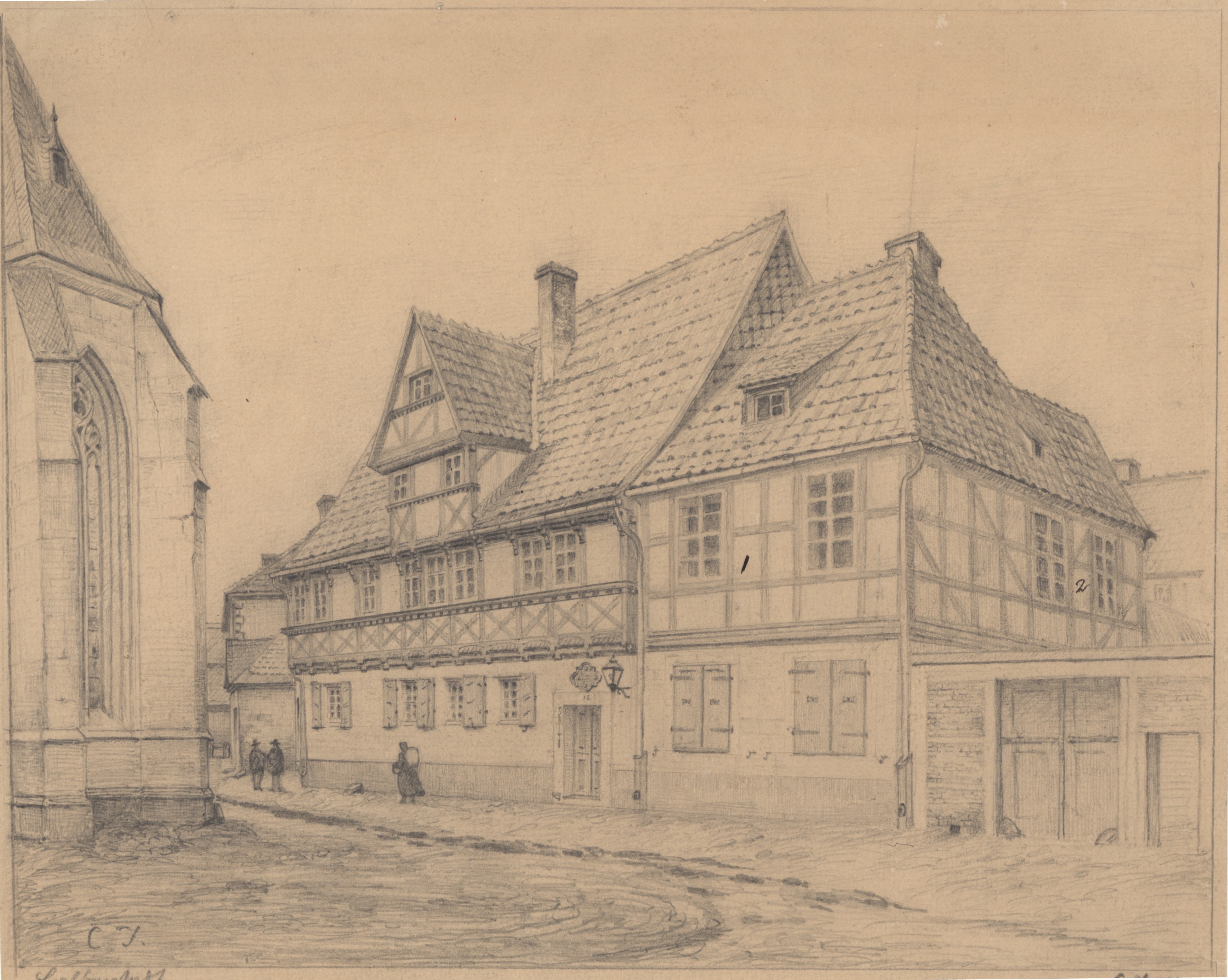Ansicht des Gleimhauses, Vorzeichnung für Holzstich in Leipziger Illustrirte Zeitung 1862 (Gleimhaus CC BY-NC-SA)