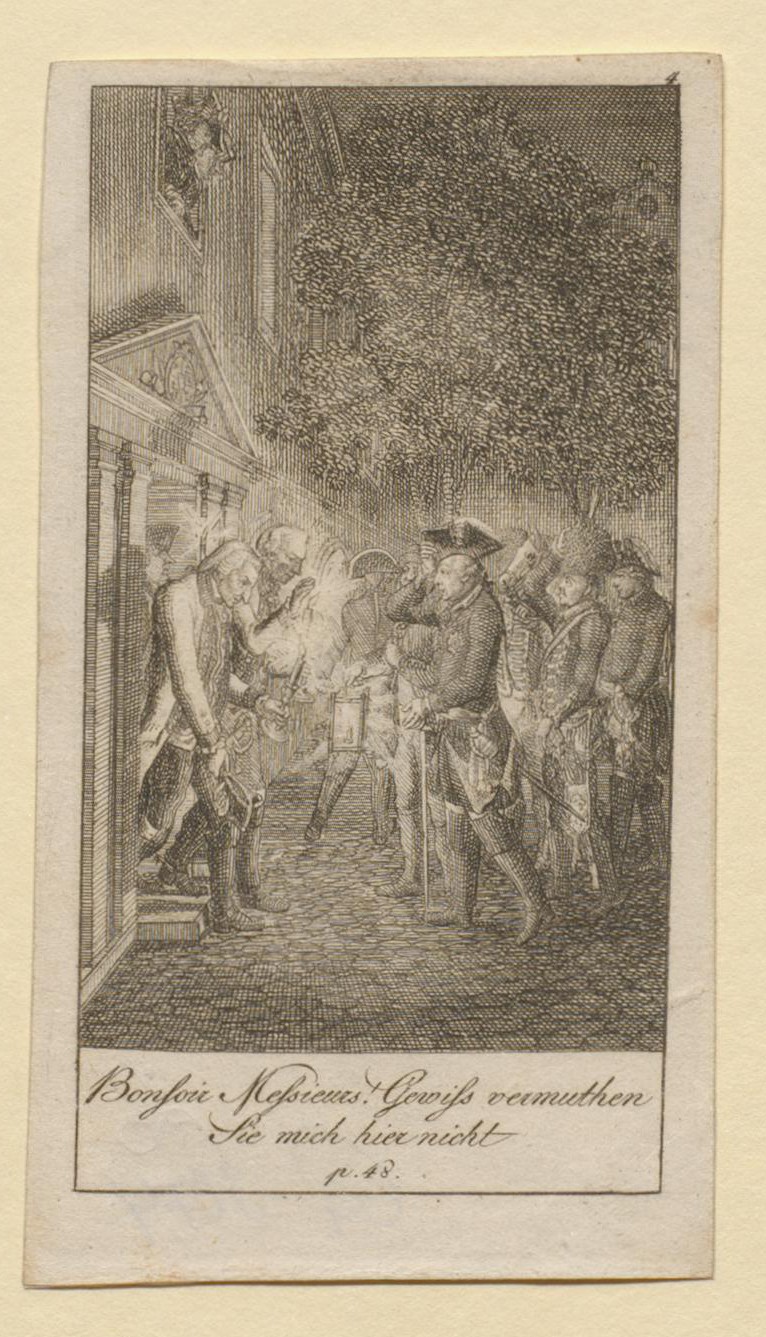 "Bonsoir Messieurs!", Illustration einer Anekdoten von Friedrich II. (Gleimhaus CC BY-NC-SA)