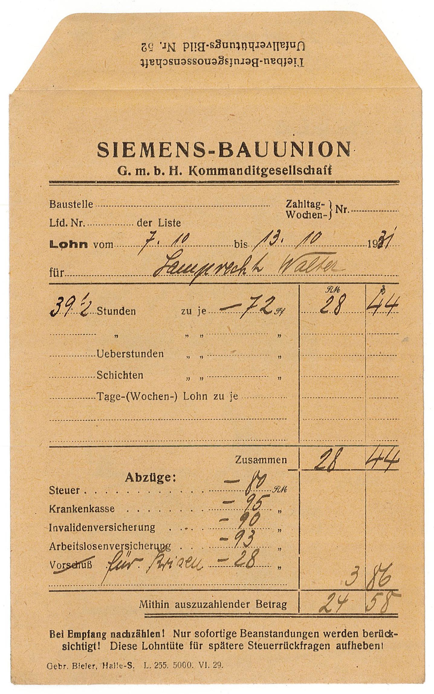 Lohntüte Siemens Bauunion, 1931 (Museum Wolmirstedt RR-F)
