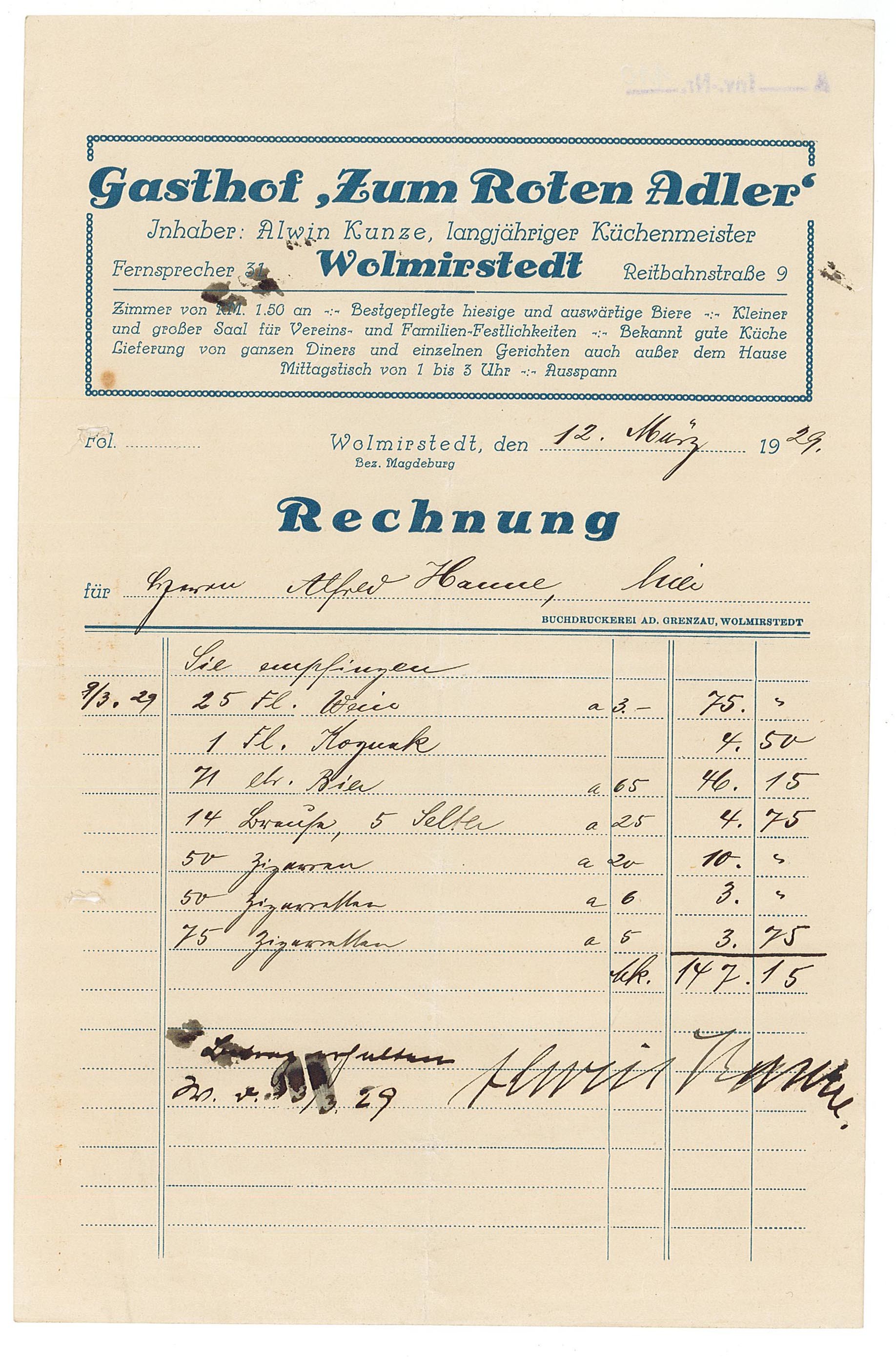 Rechnung "Roter Adler", Wolmirstedt, 1929 (Museum Wolmirstedt RR-F)