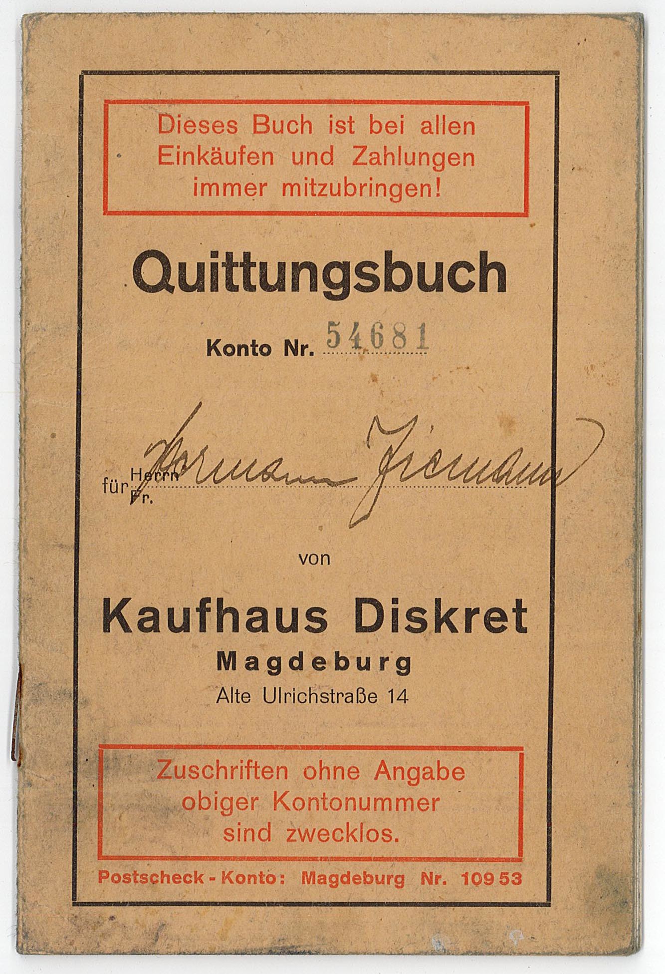 Rechnungsbuch Kaufhaus Diskret; Magdeburg (Museum Wolmirstedt RR-F)