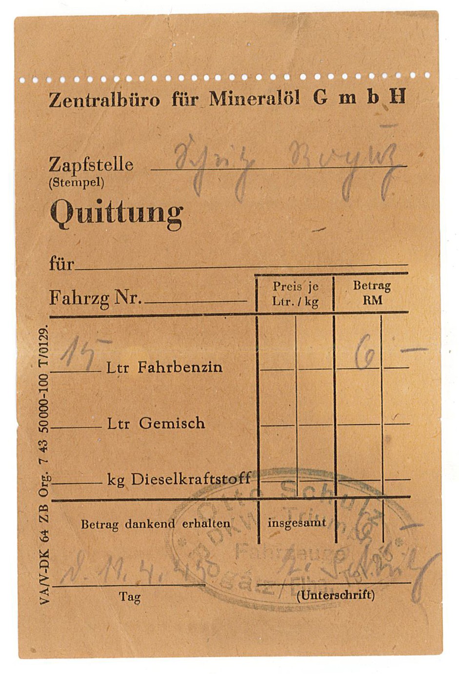 Tankquittung Tankstelle Rogätz, Inhaber Otto Schulz, 11.04.1945 (Museum Wolmirstedt RR-F)