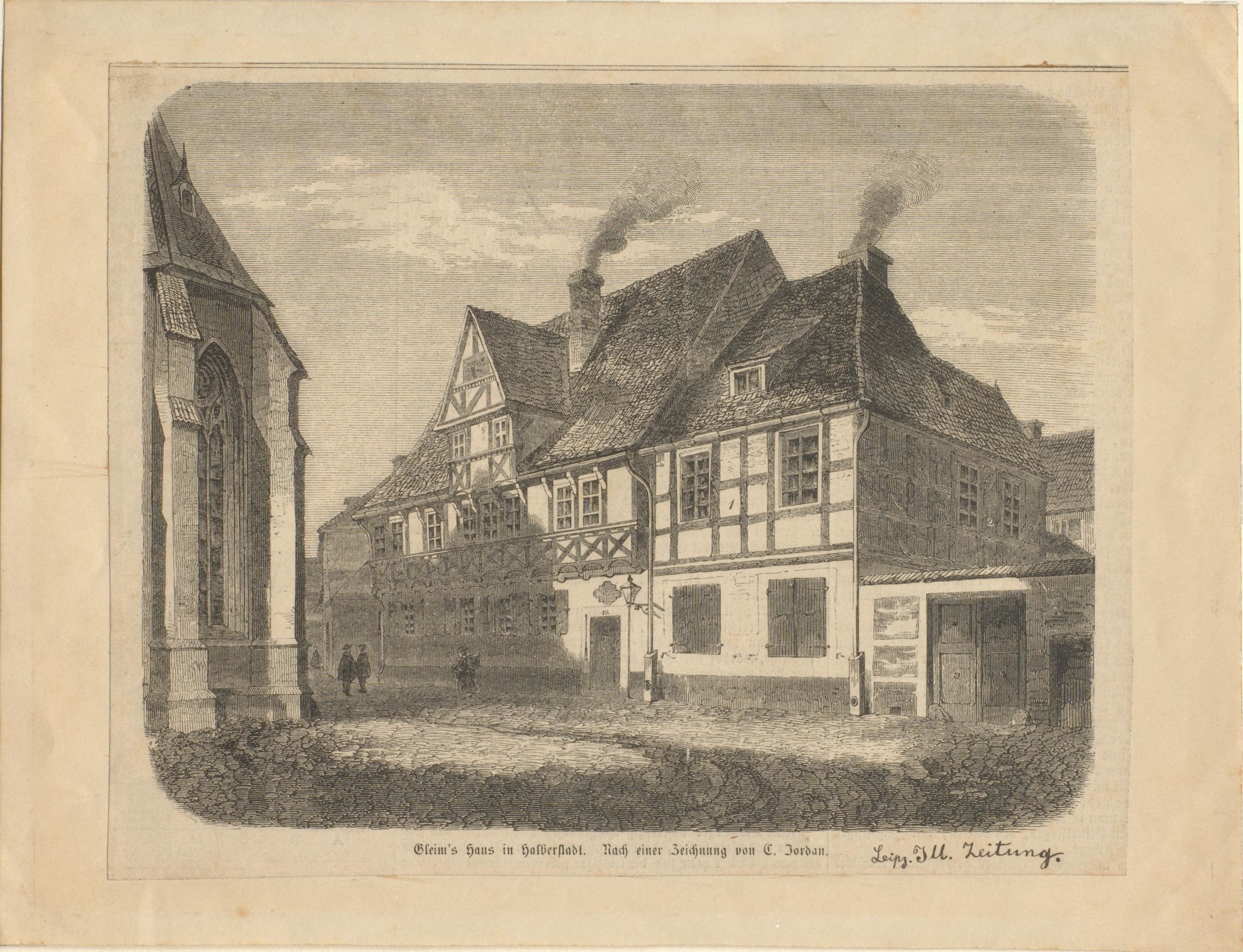 Text: Gleimกไs Haus in Halberstadt. Nach einer Zeichnung von C. Jordan. aus Leipziger Illustrirte Zeitung (Gleimhaus CC BY-NC-SA)