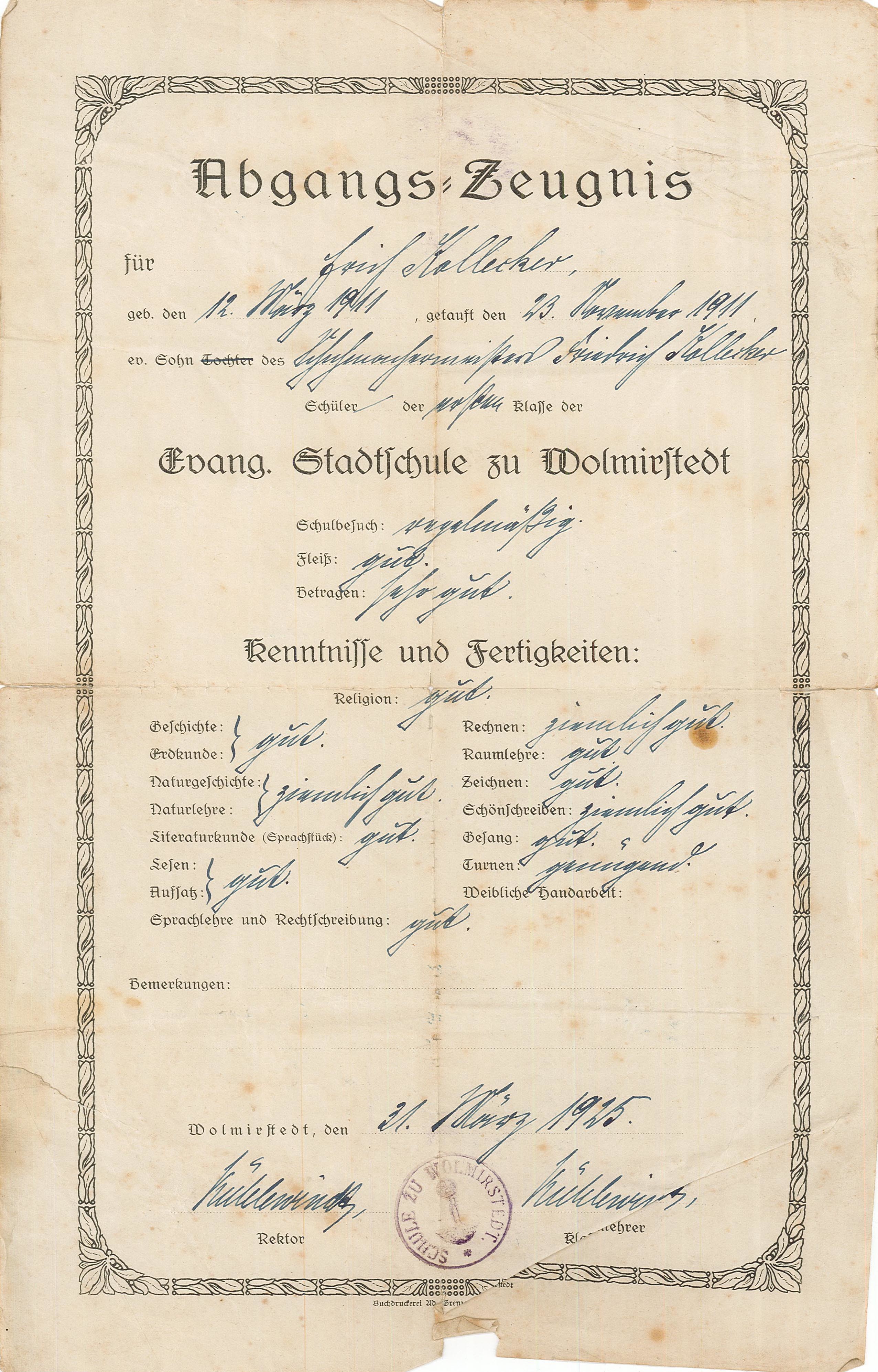 Abgangszeugnis 1. Klasse für Erich Kollecker, 31. März 1925 (Museum Wolmirstedt RR-F)