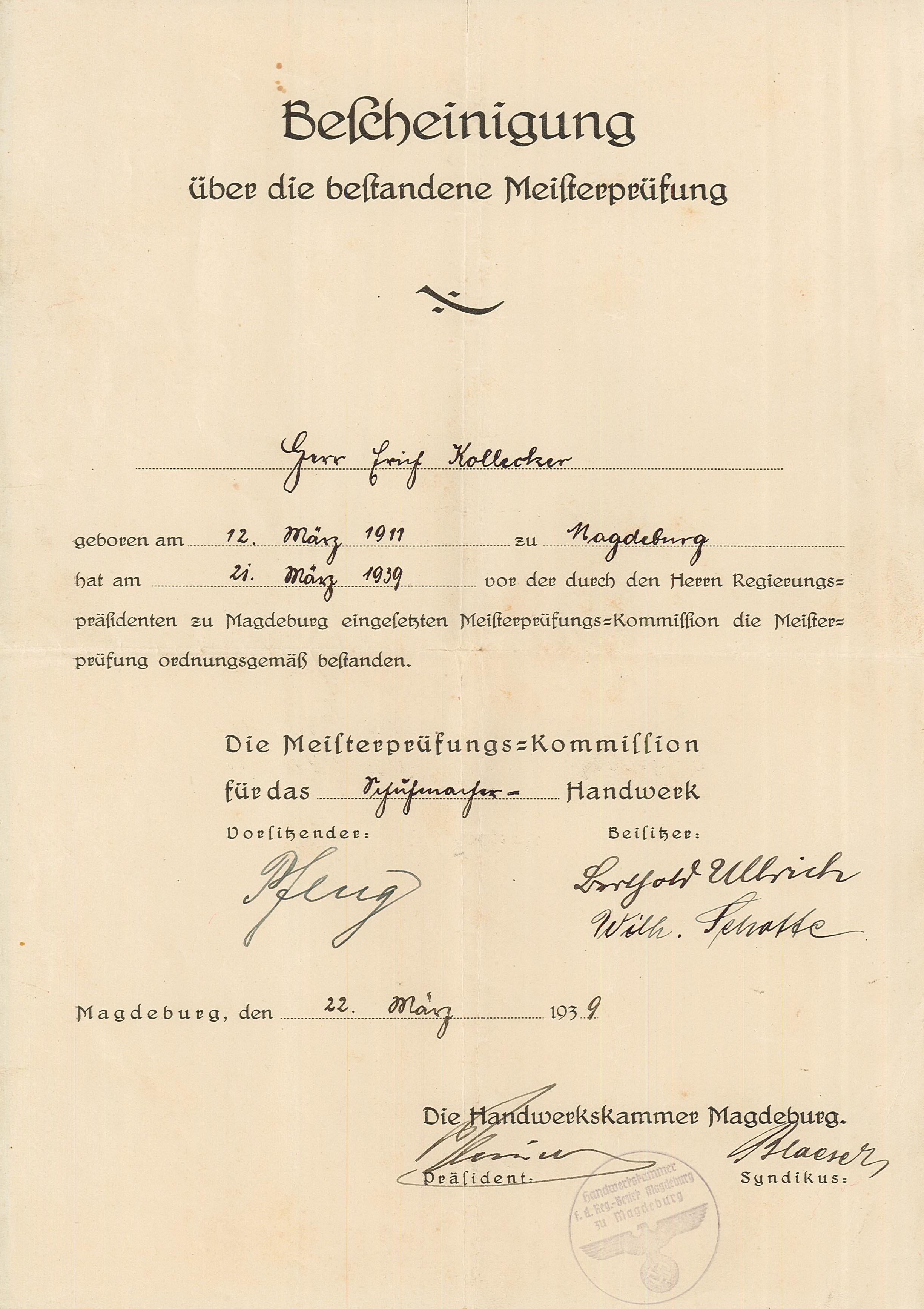 Bescheinigung über bestandene Meisterprüfung für Erich Kollecker, 22. März 1939 (Museum Wolmirstedt RR-F)