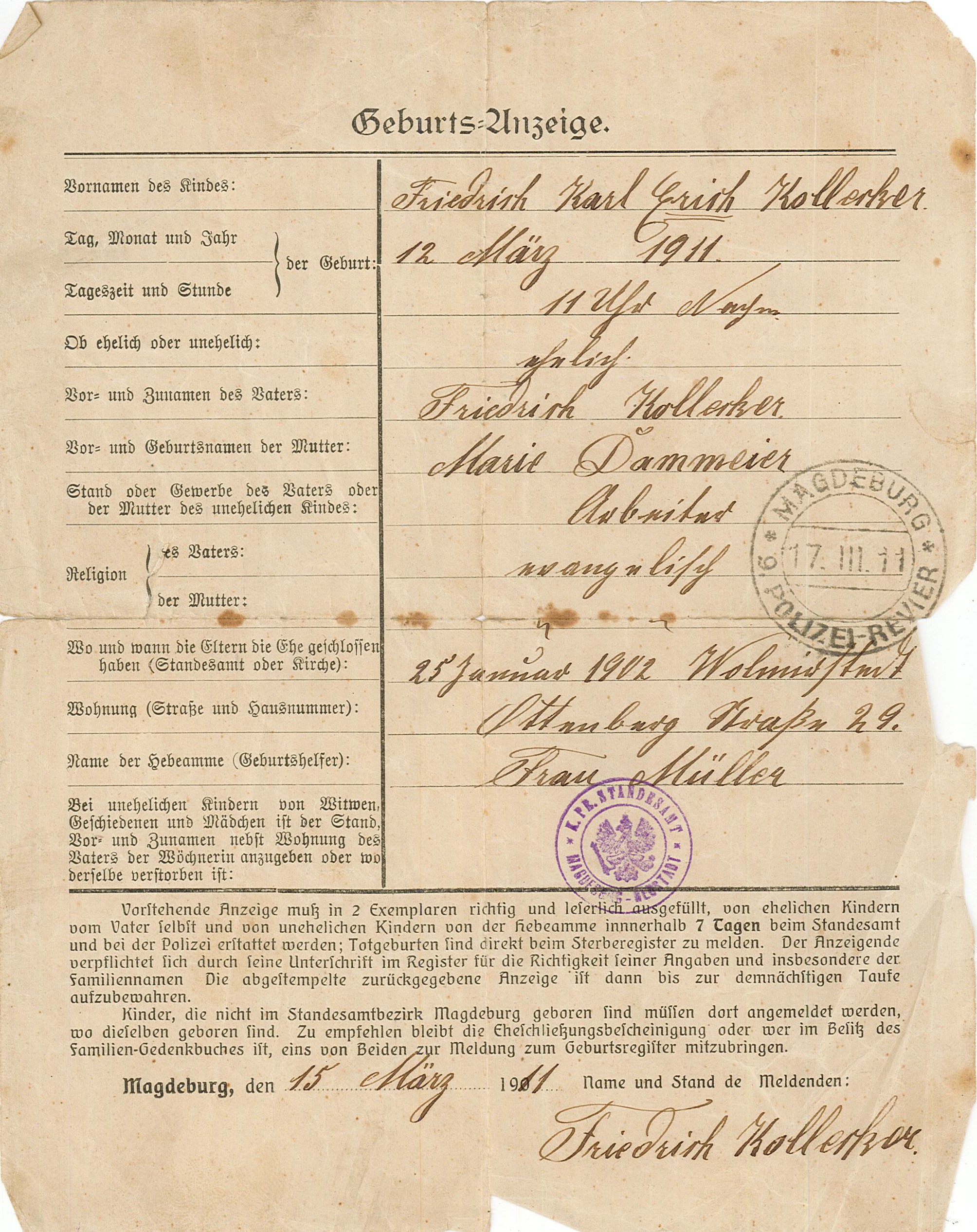 Geburtsanzeige für Erich Kollecker, 15. März 1911 (Museum Wolmirstedt RR-F)