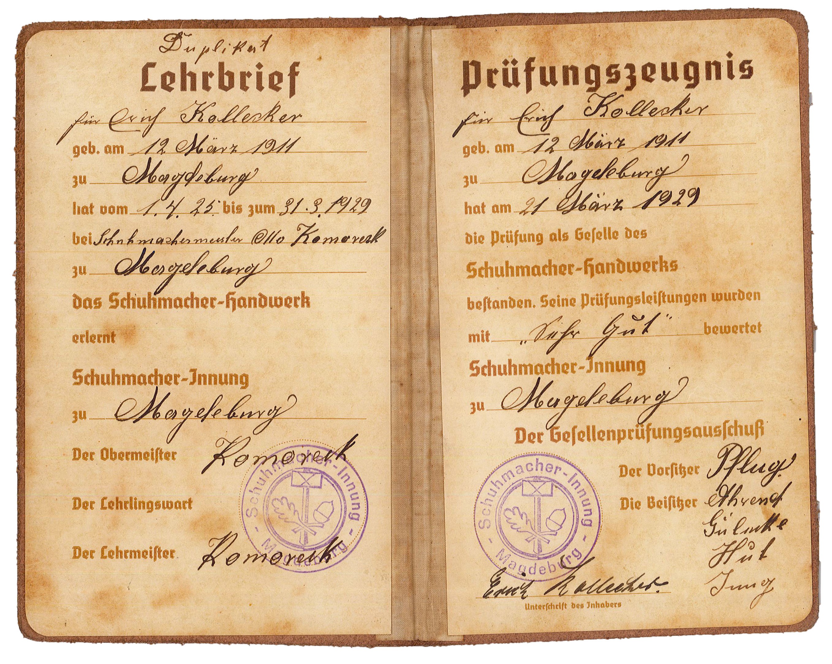 Gesellenbrief für Erich Kollecker, 21. März 1929 (Museum Wolmirstedt RR-F)
