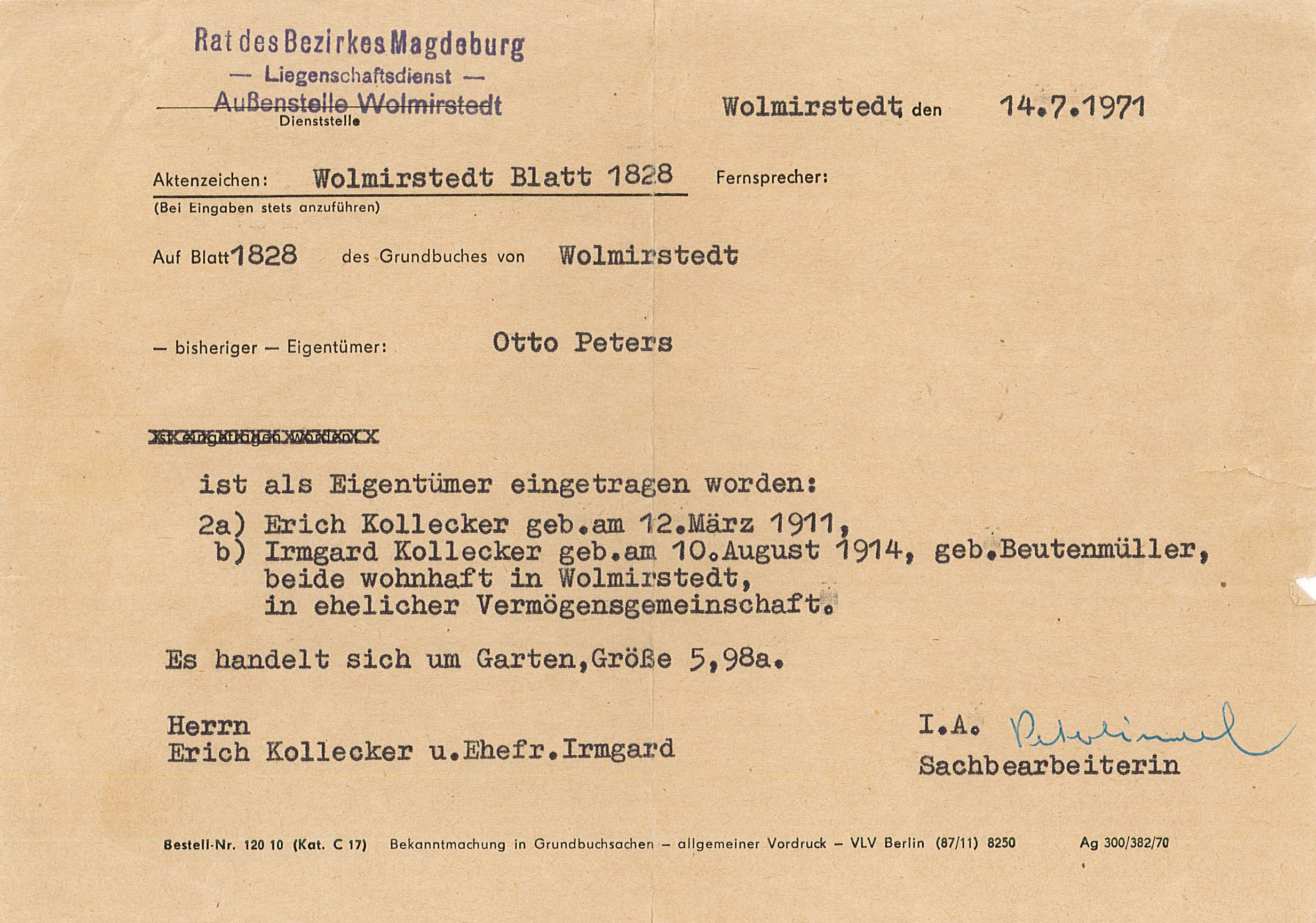 Grundbuchauszug für Erich Kollecker, 14. Juli 1971 (Museum Wolmirstedt RR-F)