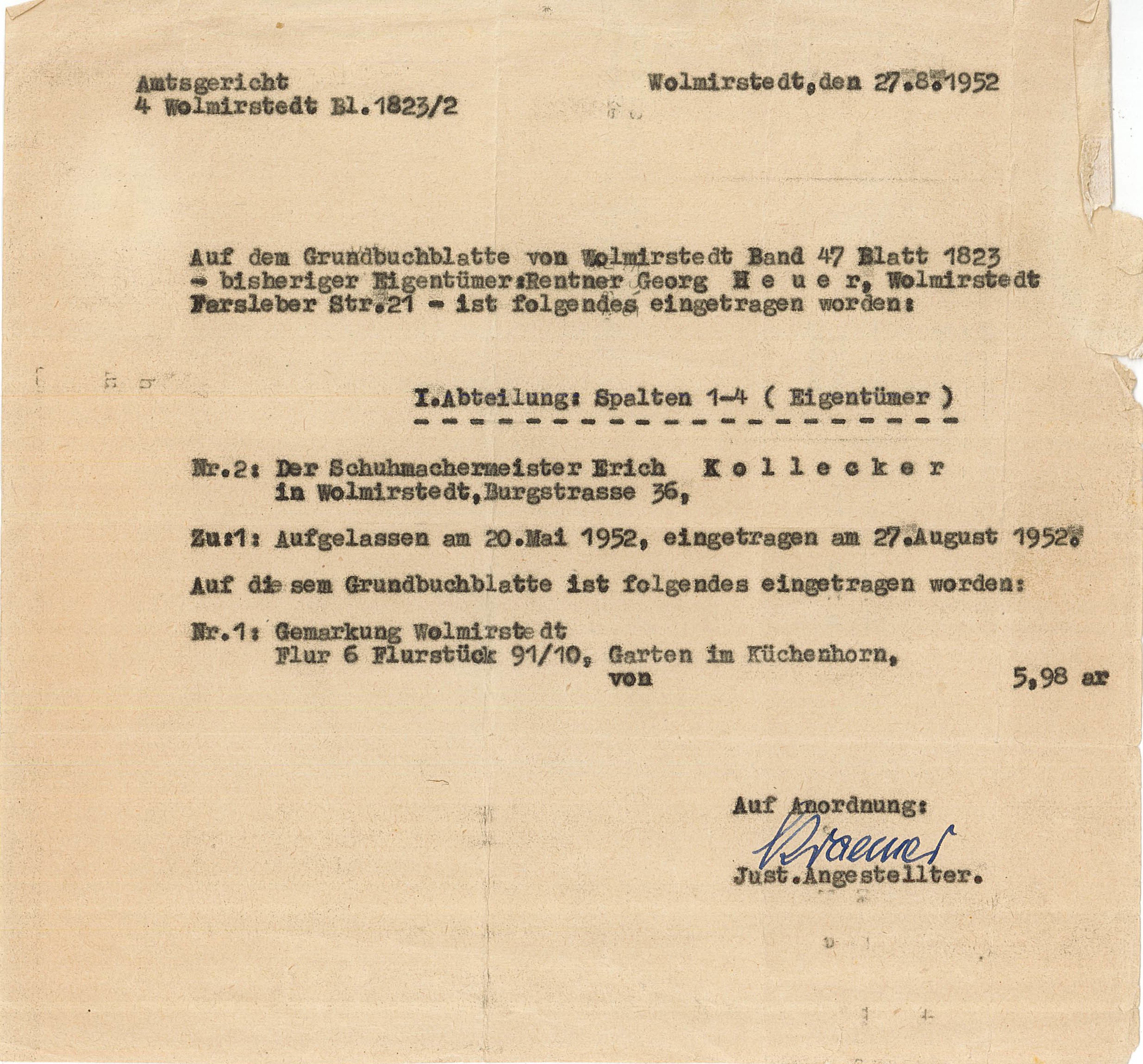 Grundbuchauszug für Erich Kollecker, 27. August 1952 (Museum Wolmirstedt RR-F)