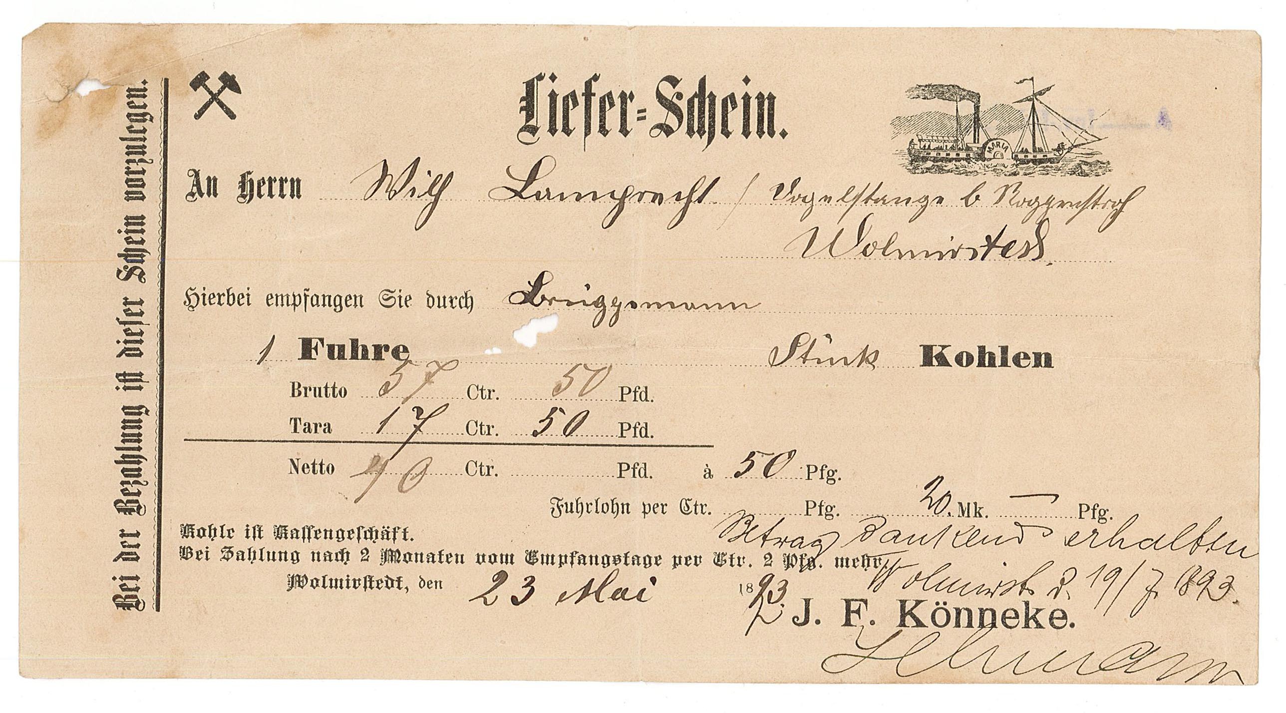 Lieferschein für Kohlelieferung an Wilhelm Lamprecht, 23. Mai 1893 (Museum Wolmirstedt RR-F)