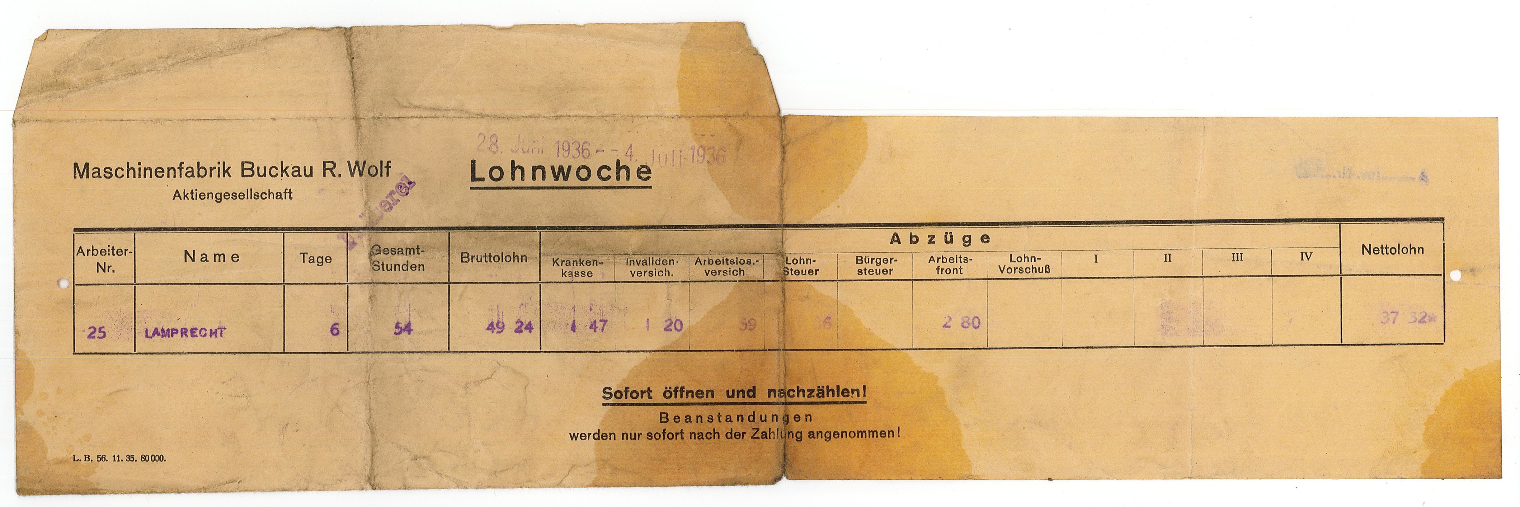 Lohntüte der Maschinenfabrik Buckau für Lamprecht, Juni/Juli 1936 (Museum Wolmirstedt RR-F)