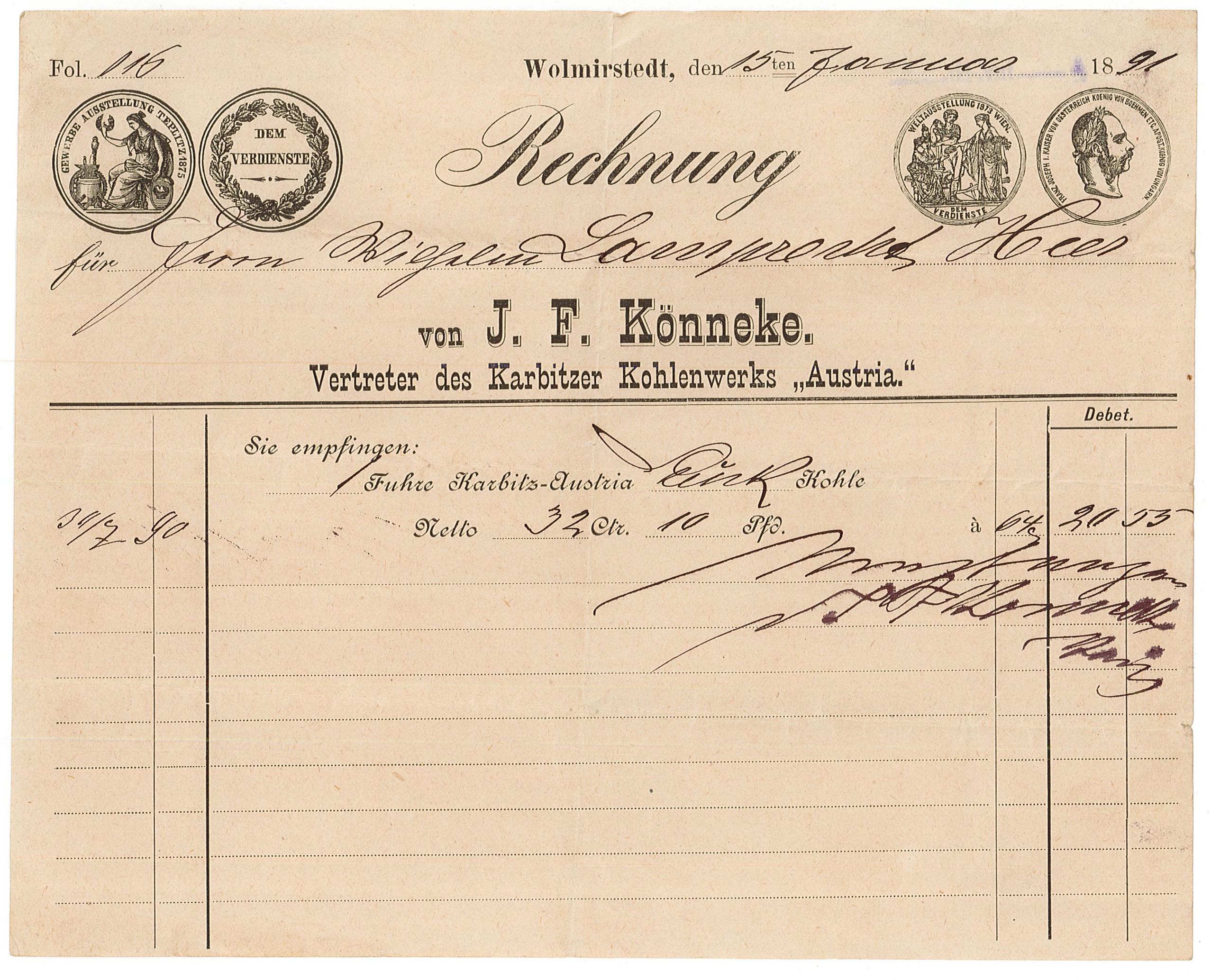 Rechnung für Kohlelieferung an Wilhelm Lamprecht, 15. Januar 1891 (Museum Wolmirstedt RR-F)