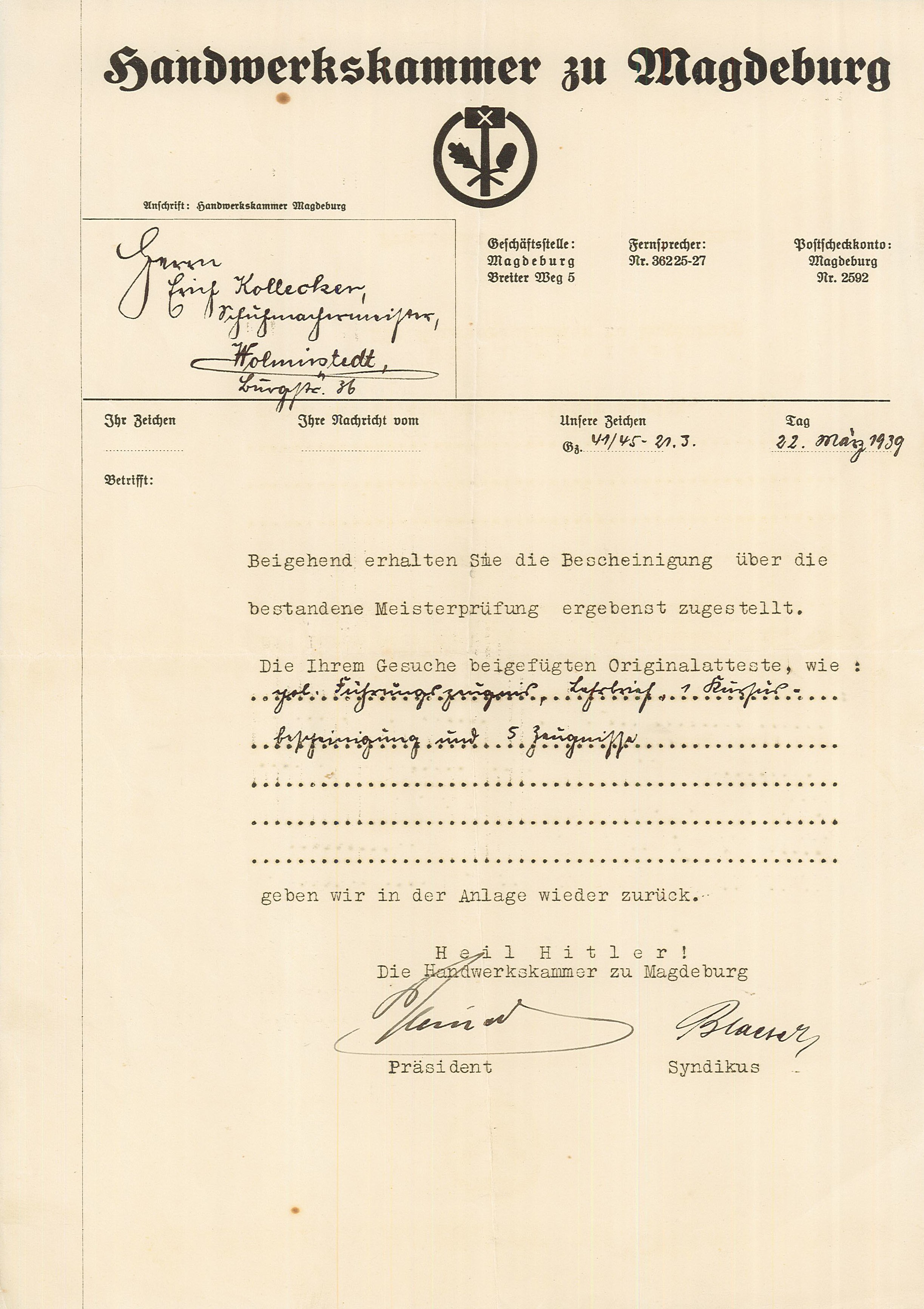 Schreiben der Handwerkskammer Magdeburg an Erich Kollecker, 22. März 1939 (Museum Wolmirstedt RR-F)