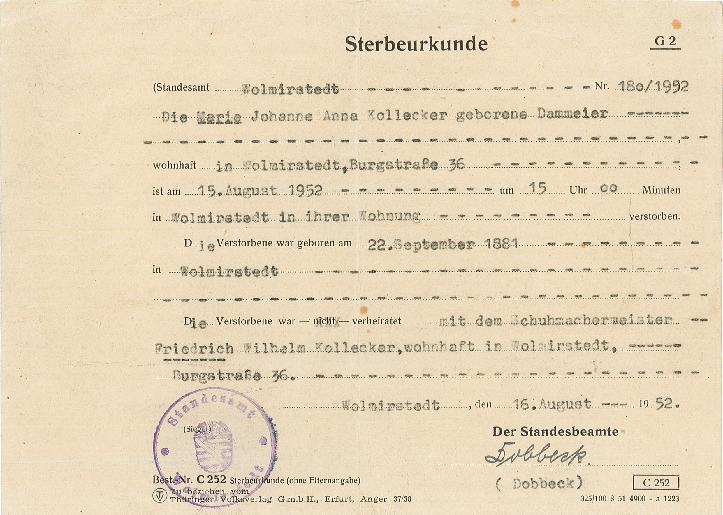 Sterbeurkunde für Marie Kollecker, geborene Dammeier; 16. August 1952 (Museum Wolmirstedt RR-F)