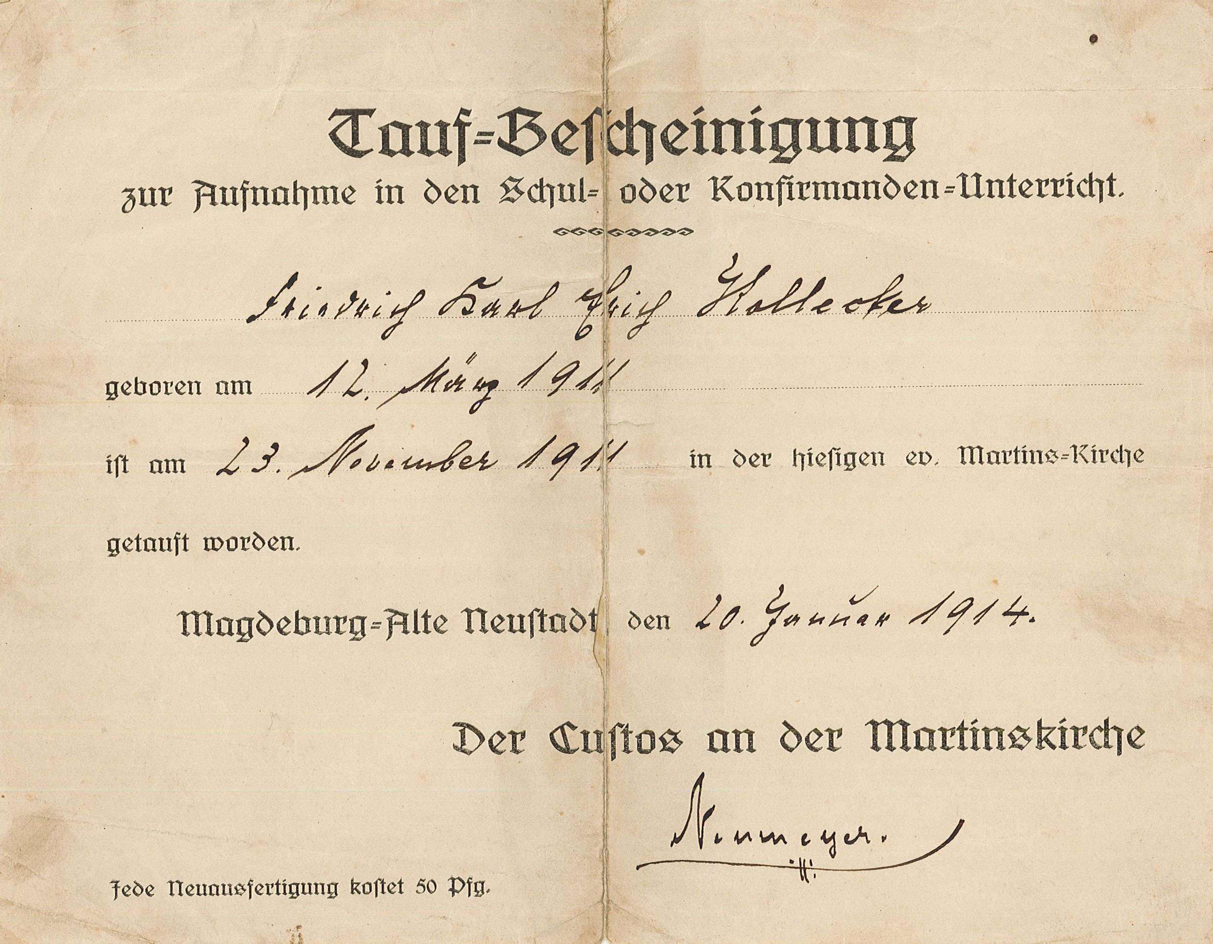 Taufschein für Erich Kollecker, 20. Januar 1914 (Museum Wolmirstedt RR-F)