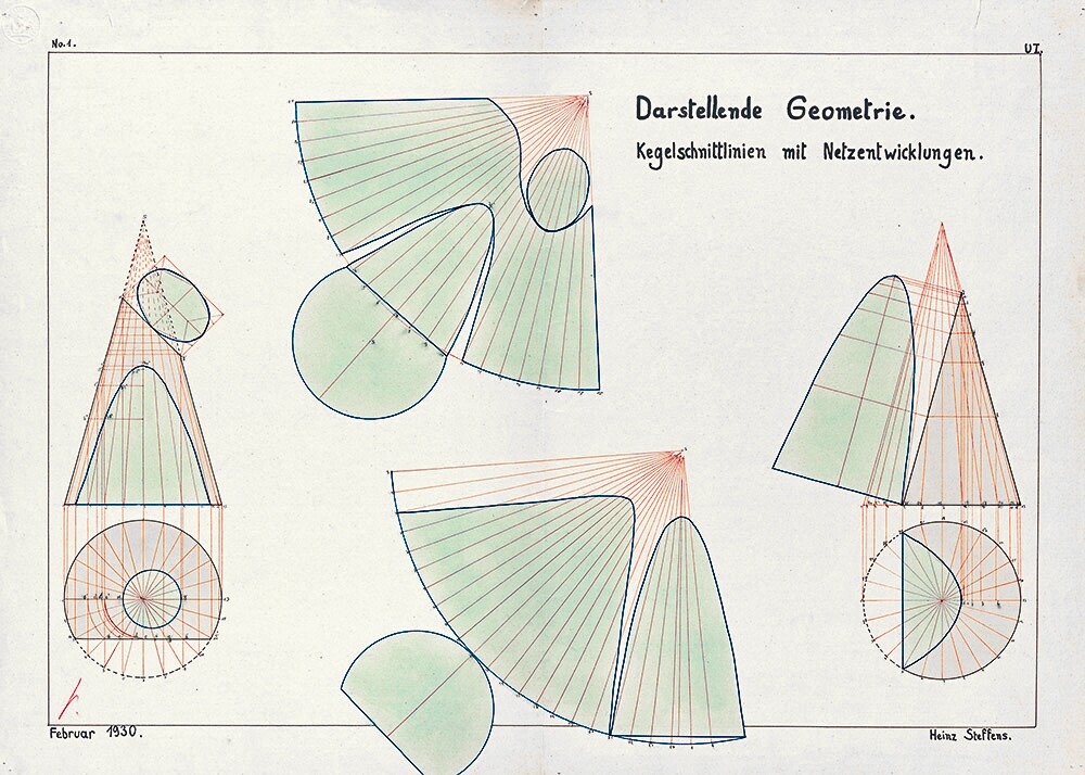 Darstellende Geometrie, Kegelschnittlinien mit Netzentwicklungen (Museum Schloss Bernburg / Deutsche Stiftung Denkmalschutz CC BY-NC-SA)
