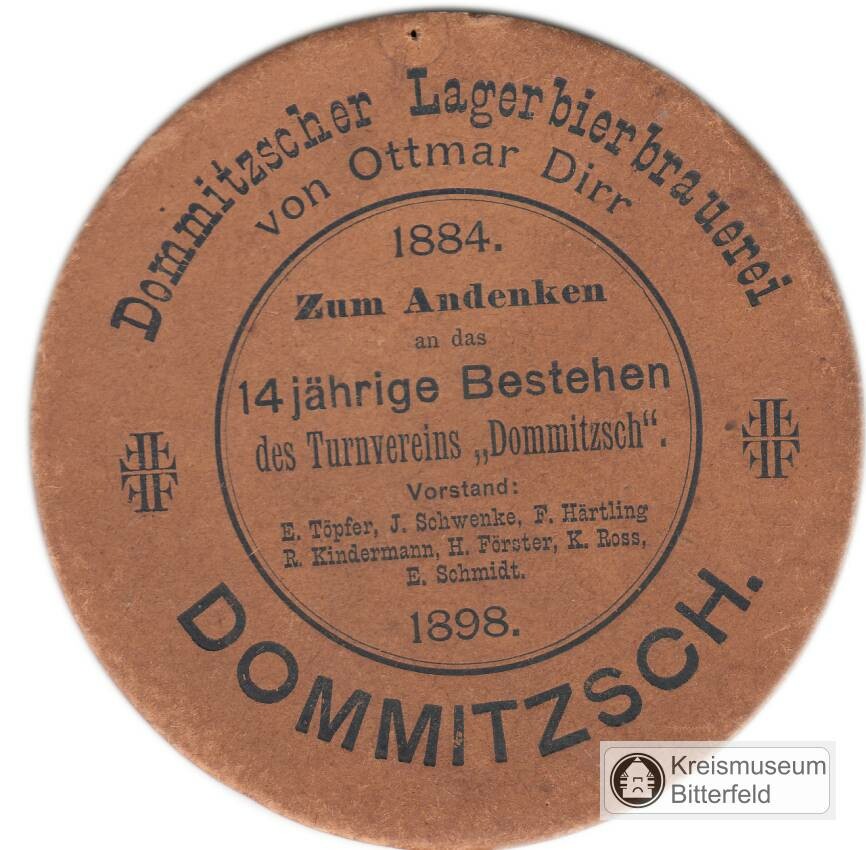 Bierdeckel Dommitzscher Lagerbierbrauerei O. Dirr (Kreismuseum Bitterfeld RR-F)