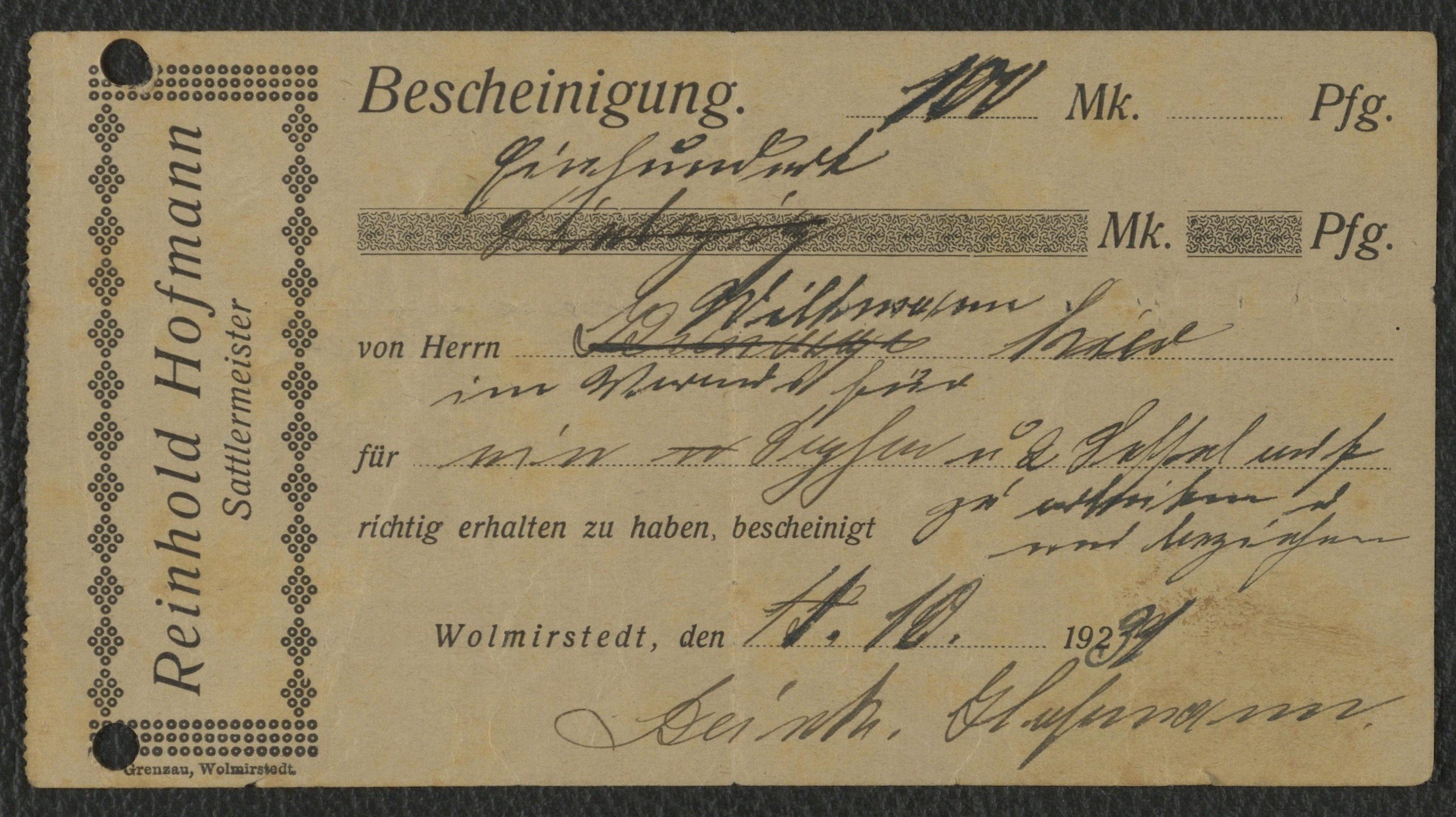 Quittung Sattlermeister Reinhold Hofmann für Willmann, Wolmirstedt vom 11.12.1932? (Museum Wolmirstedt RR-F)