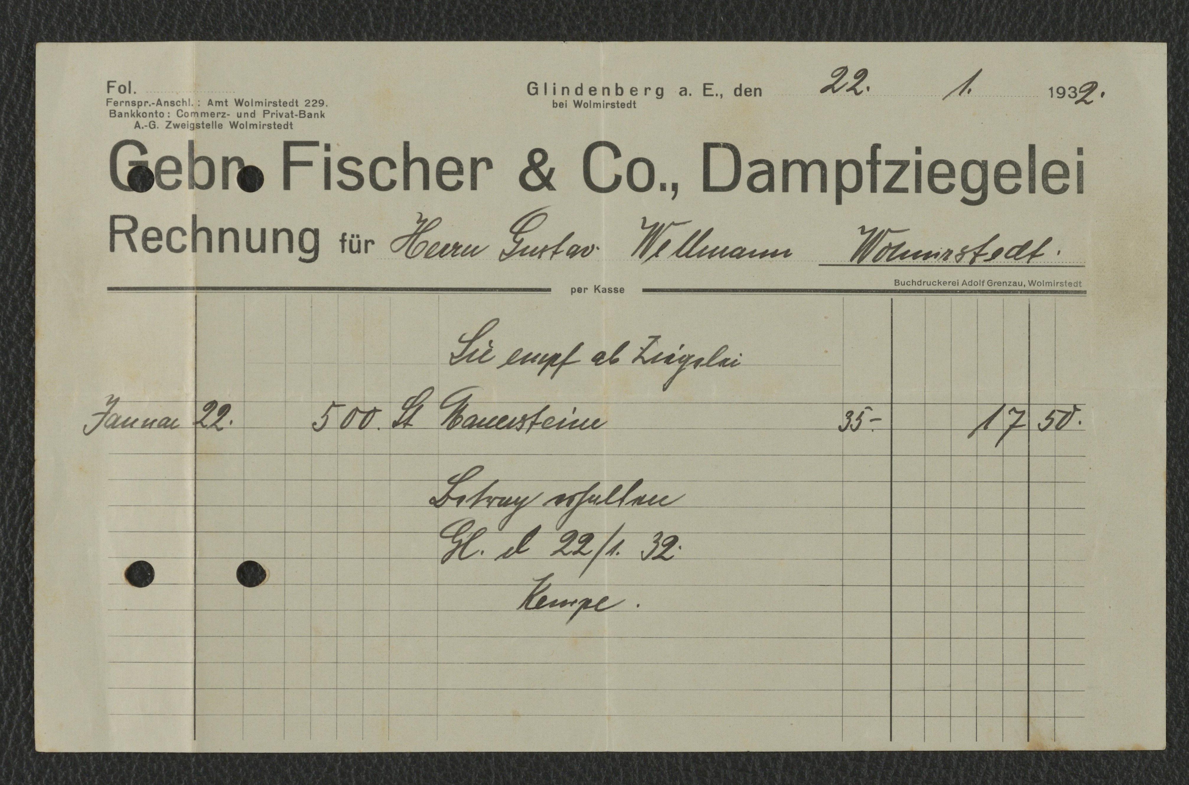 Rechnung Gebrüder Fischer & Co. Dampfzieglei für Gustav Willmann, Wolmirstedt vom 22.01.1932 (Museum Wolmirstedt RR-F)