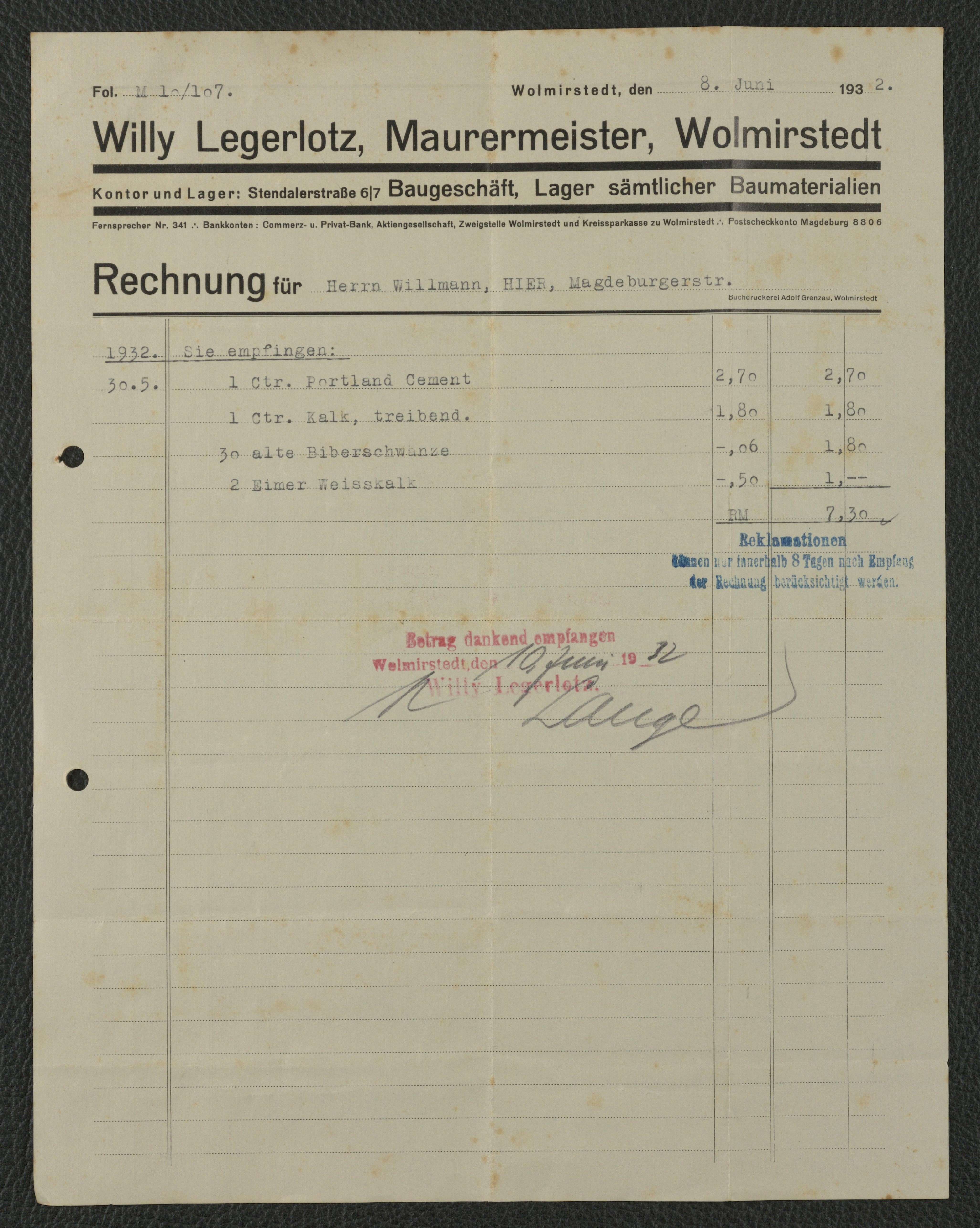 Rechnung Maurermeister Willy Legerlotz für Willmann, Wolmirstedt vom 08.06.1932 (Museum Wolmirstedt RR-F)