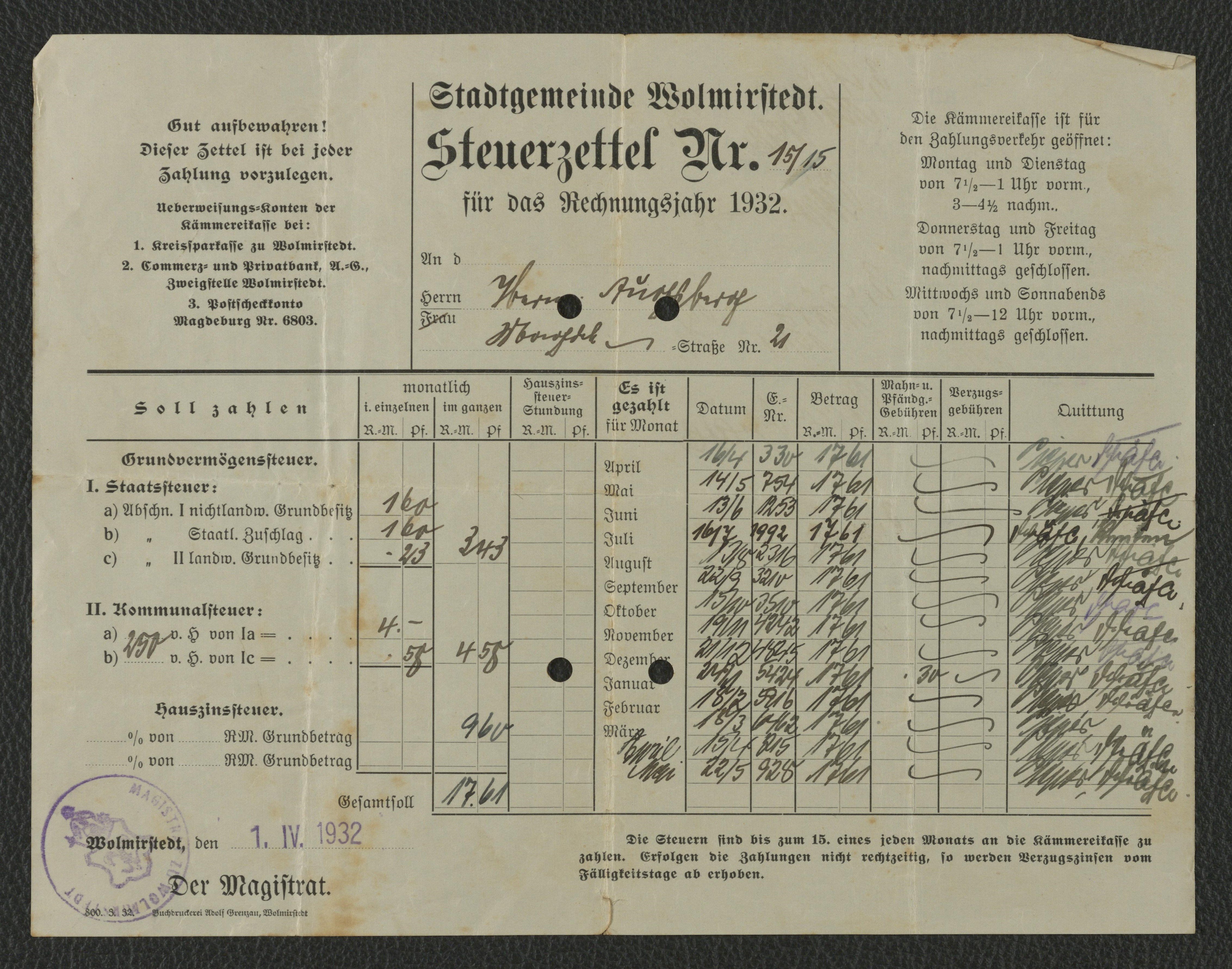 Steuerzettel Nr. 15/15 für das Steuerjahr 1932 der Stadtgemeinde Wolmirstedt für Herrn Augsberg vom 01.04.1932 (Museum Wolmirstedt RR-F)