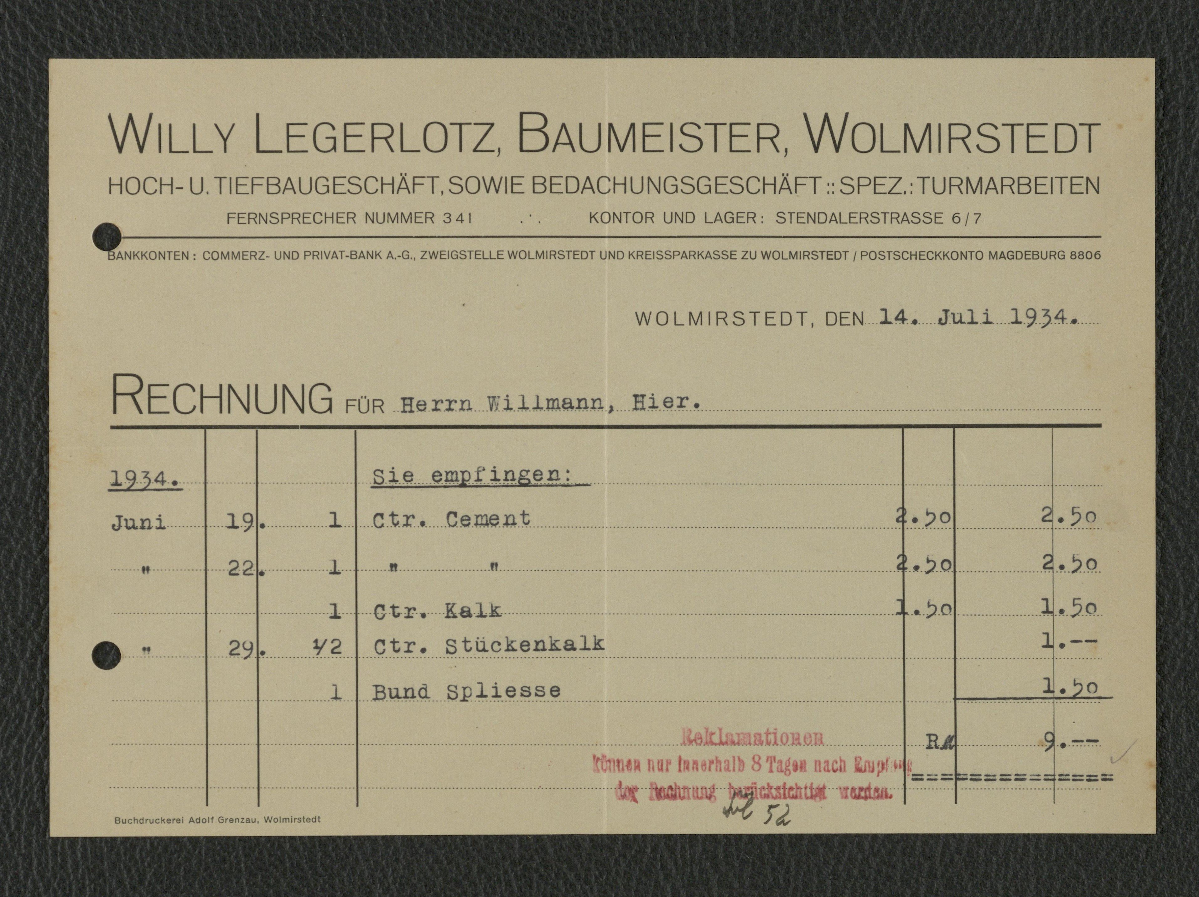 Rechnung Baumeister (Hoch- und Tiefbau) Willy Legerlotz für Willmann, Wolmirstedt vom 14.07.1934 (Museum Wolmirstedt RR-F)