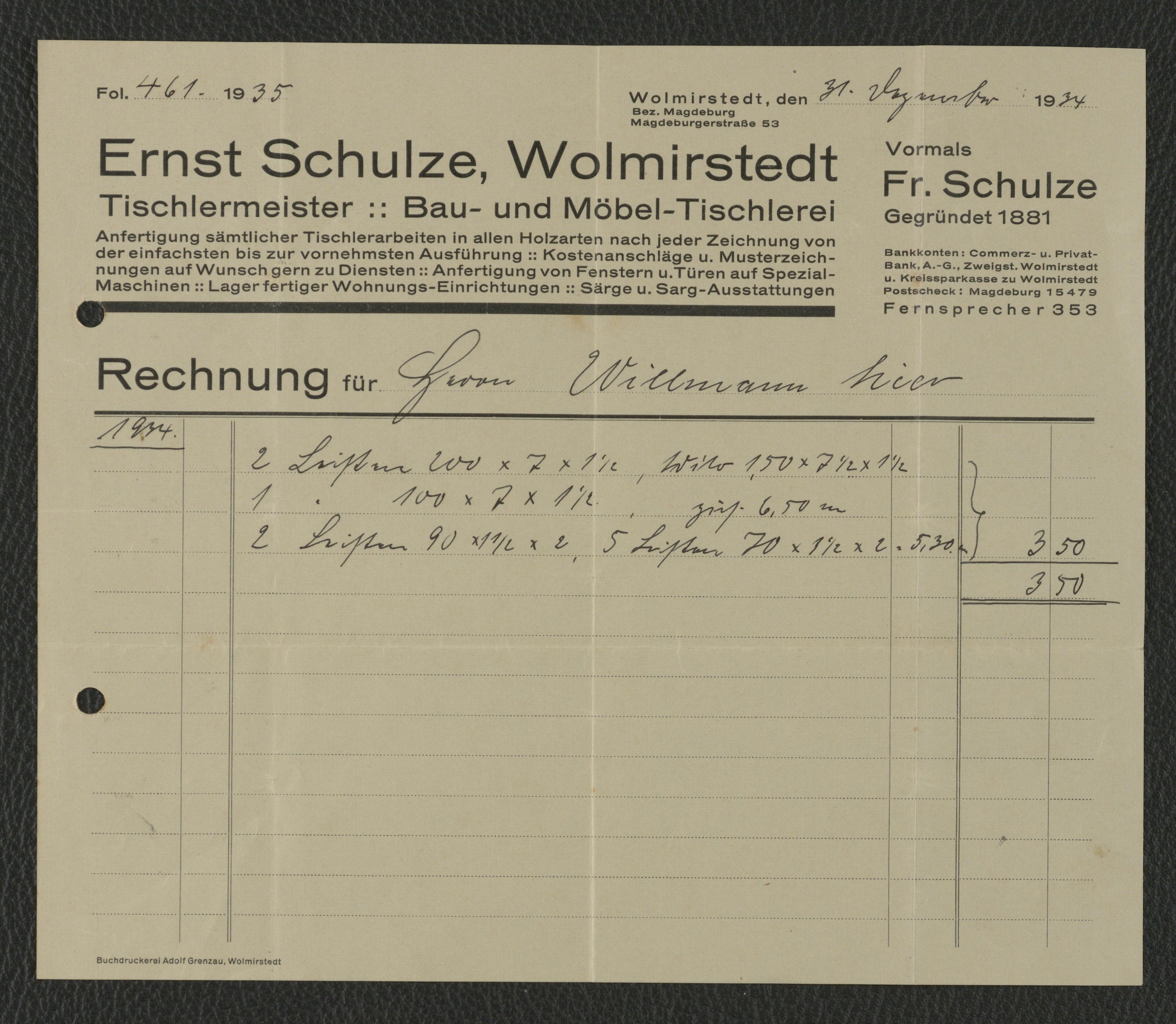 Rechnung Tischlermeister Ernst Schulze für Willmann, Wolmirstedt vom 31.12.1934 (Museum Wolmirstedt RR-F)