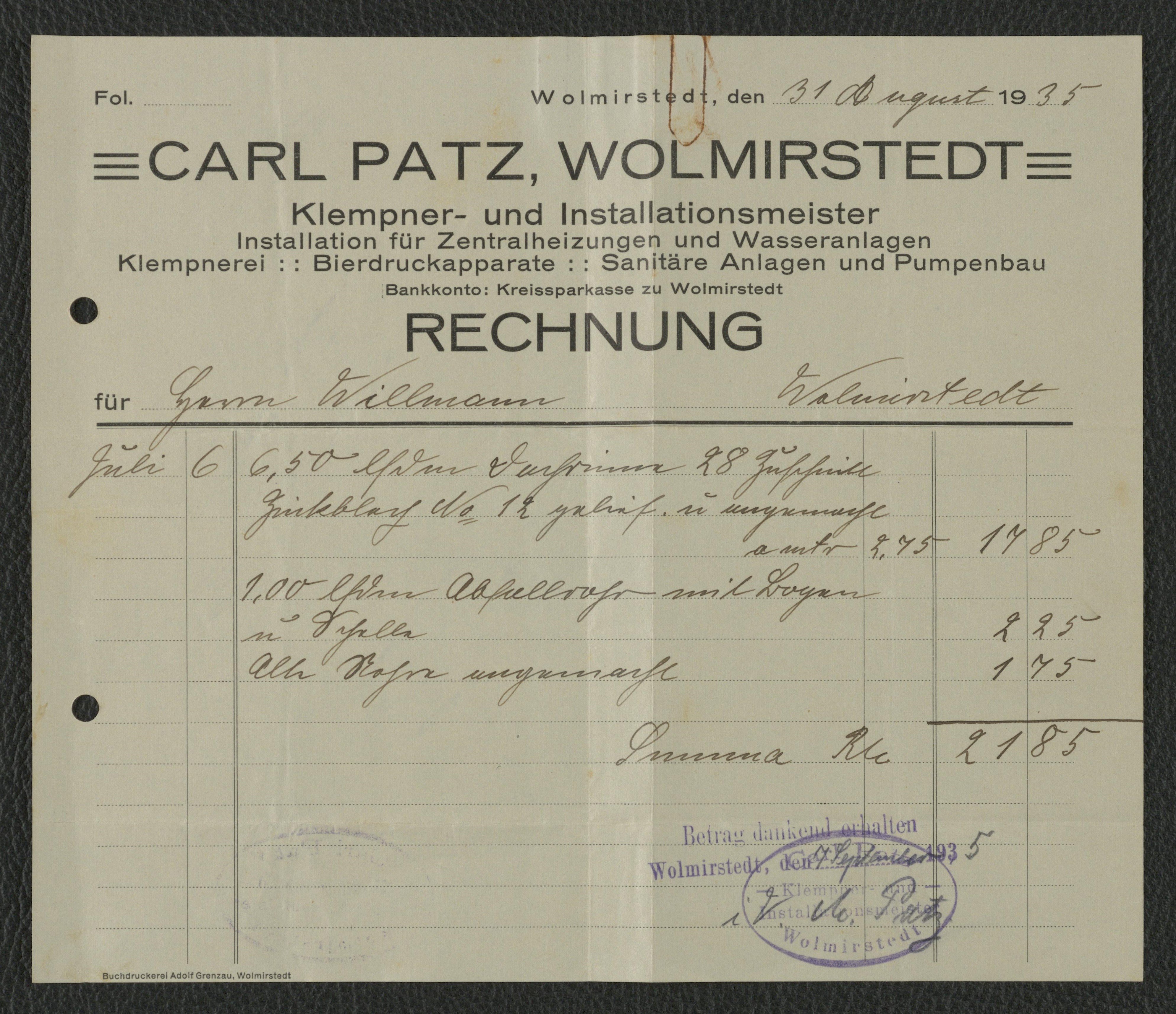 Rechnung Klempner- und Installationsmeister Carl Patz für Willmann, Wolmirstedt vom 31.08.1935 (Museum Wolmirstedt RR-F)