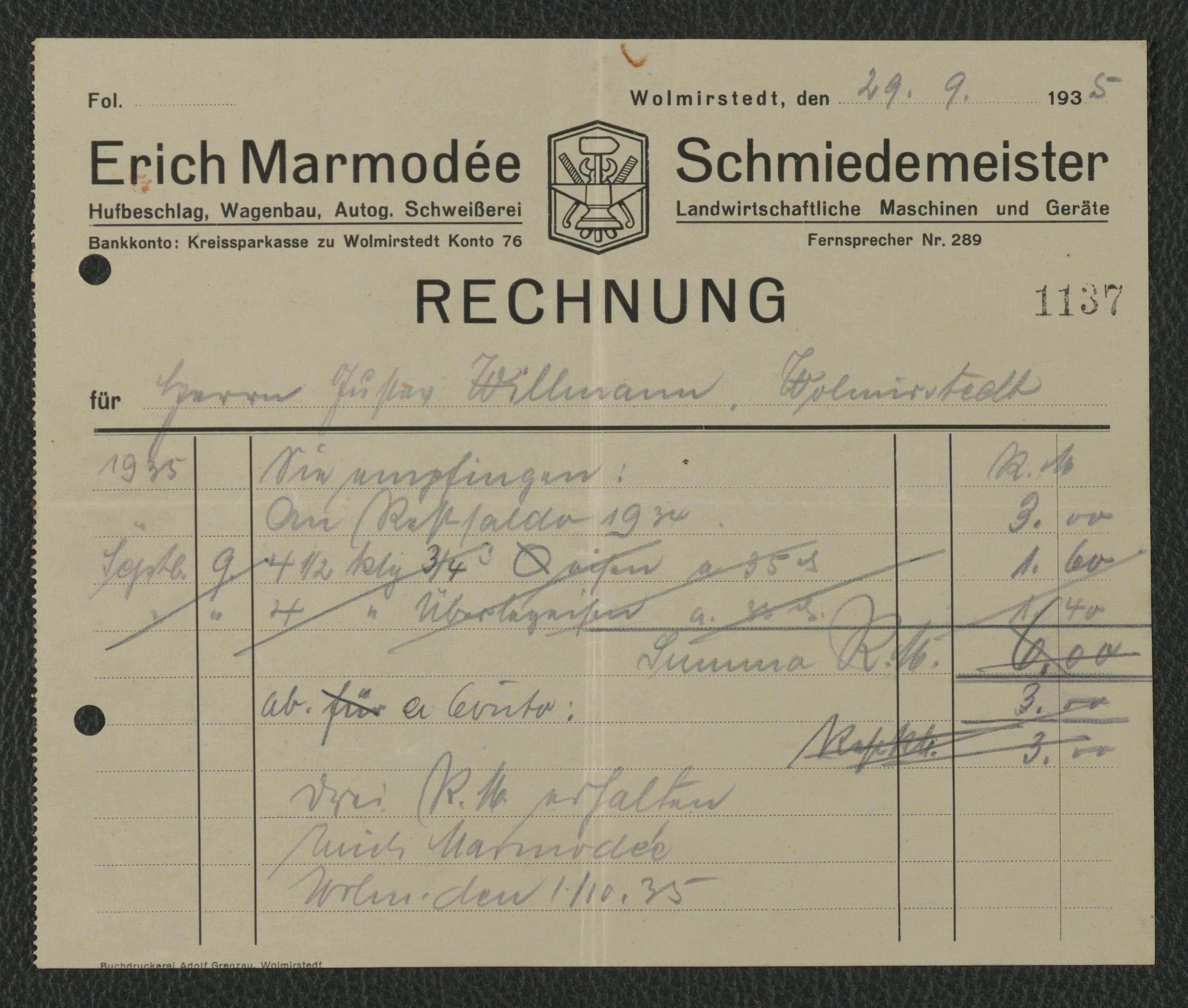 Rechnung Städtisches Elektrizitätswerk Wolmirstedt für Willmann vom 12.09.1935 (Museum Wolmirstedt RR-F)