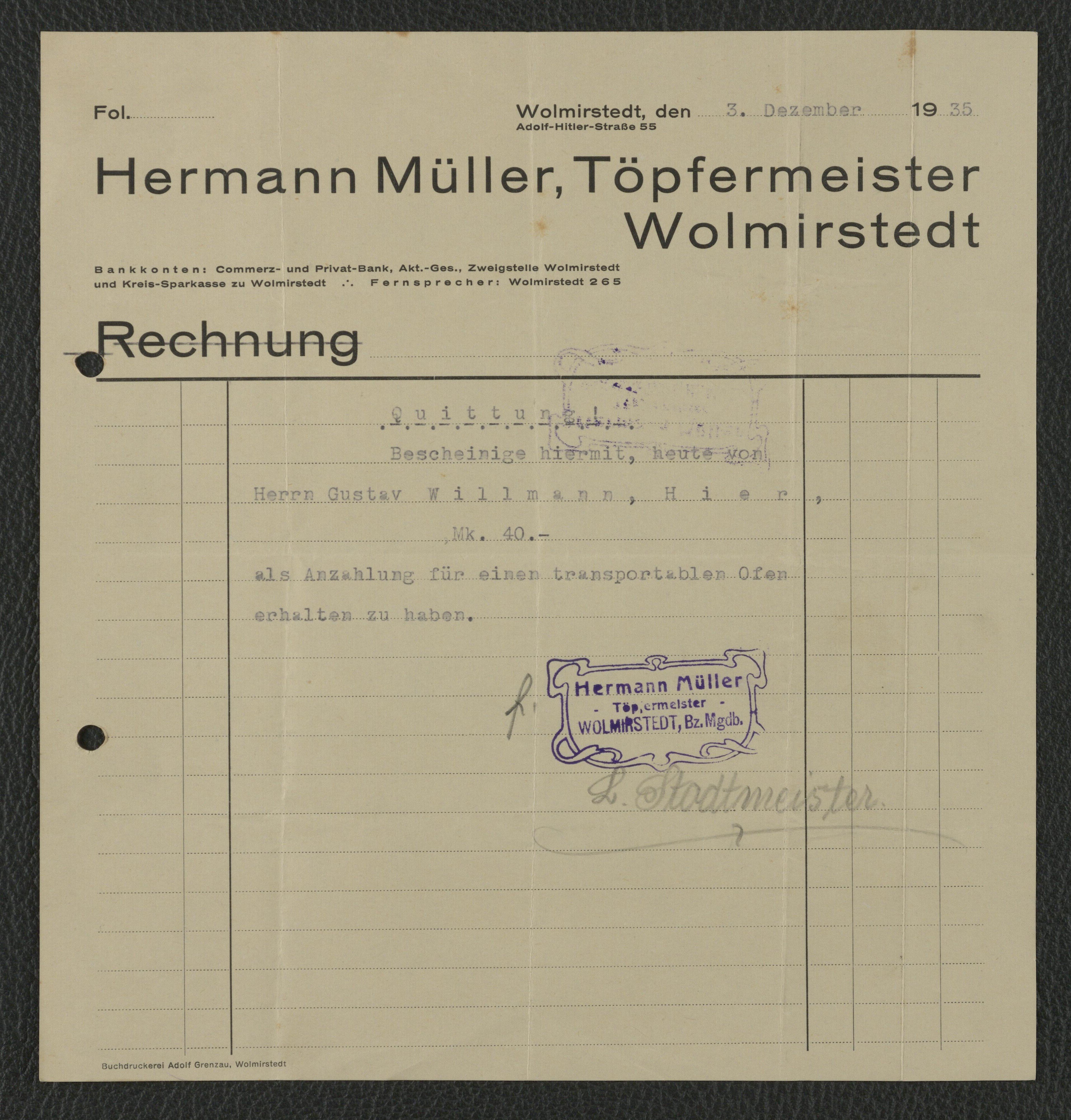 Rechnung Töpfermeister Hermann Müller für Gustav Willmann, Wolmirstedt vom 03.12.1935 (Museum Wolmirstedt RR-F)