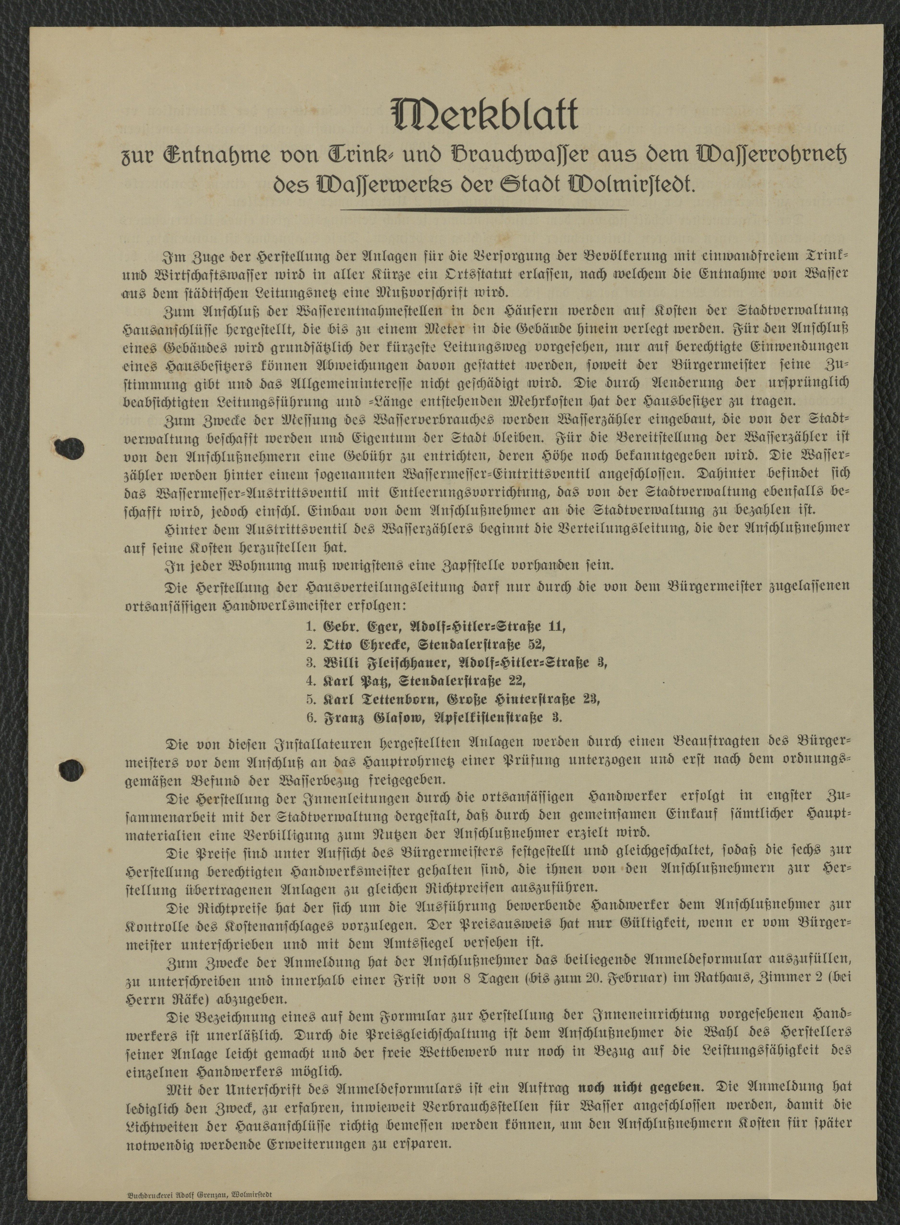 Merkblatt zur Entnahme von Trink- und Brauchwasser aus dem Wasserrohrnetz des Wasserwerks der Stadt Wolmirstedt, 12.02.1936 (Museum Wolmirstedt RR-F)