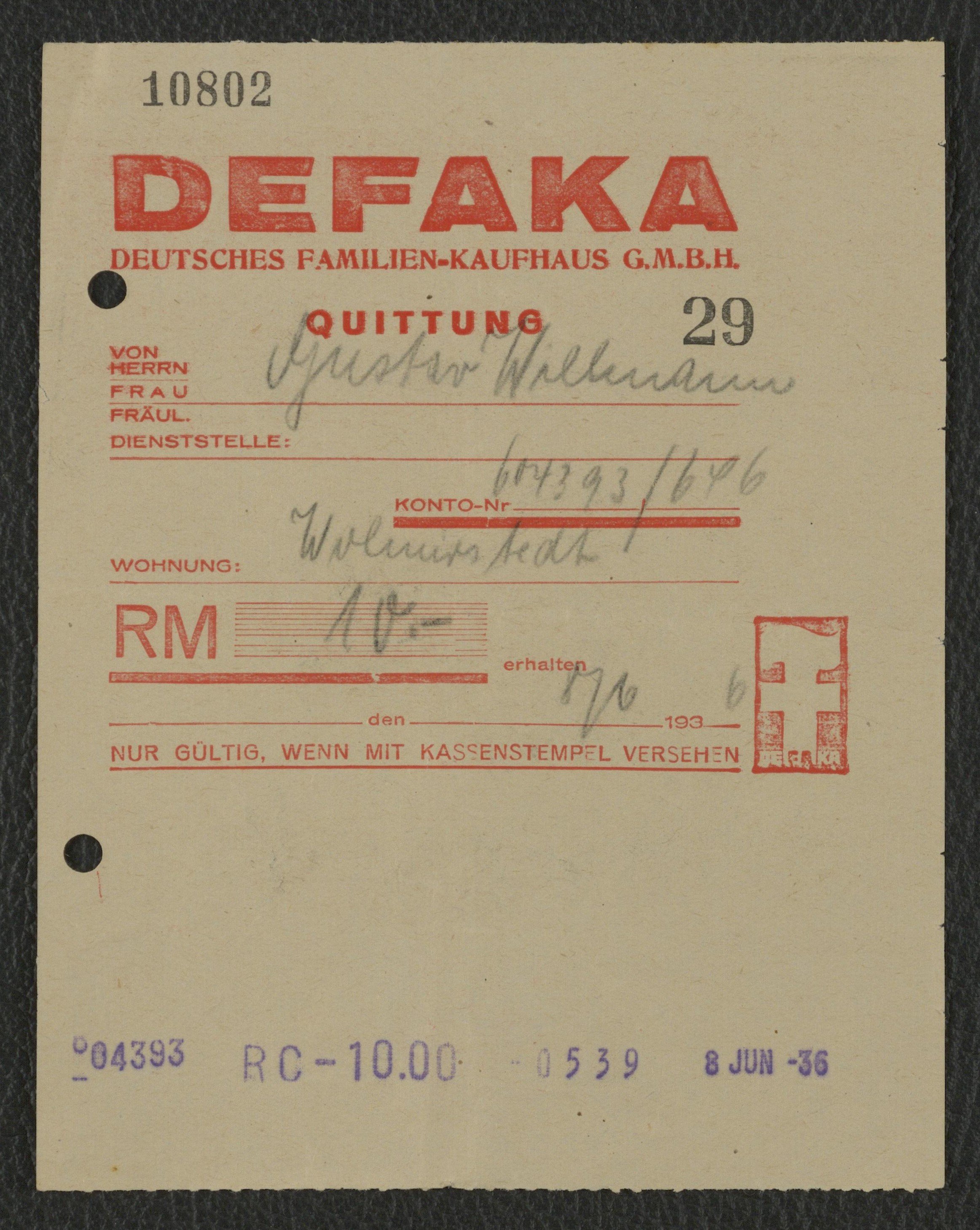 Quittung von DEFAKA für Gustav Willmann, Wolmirstedt vom 08.10.1936 (Museum Wolmirstedt RR-F)