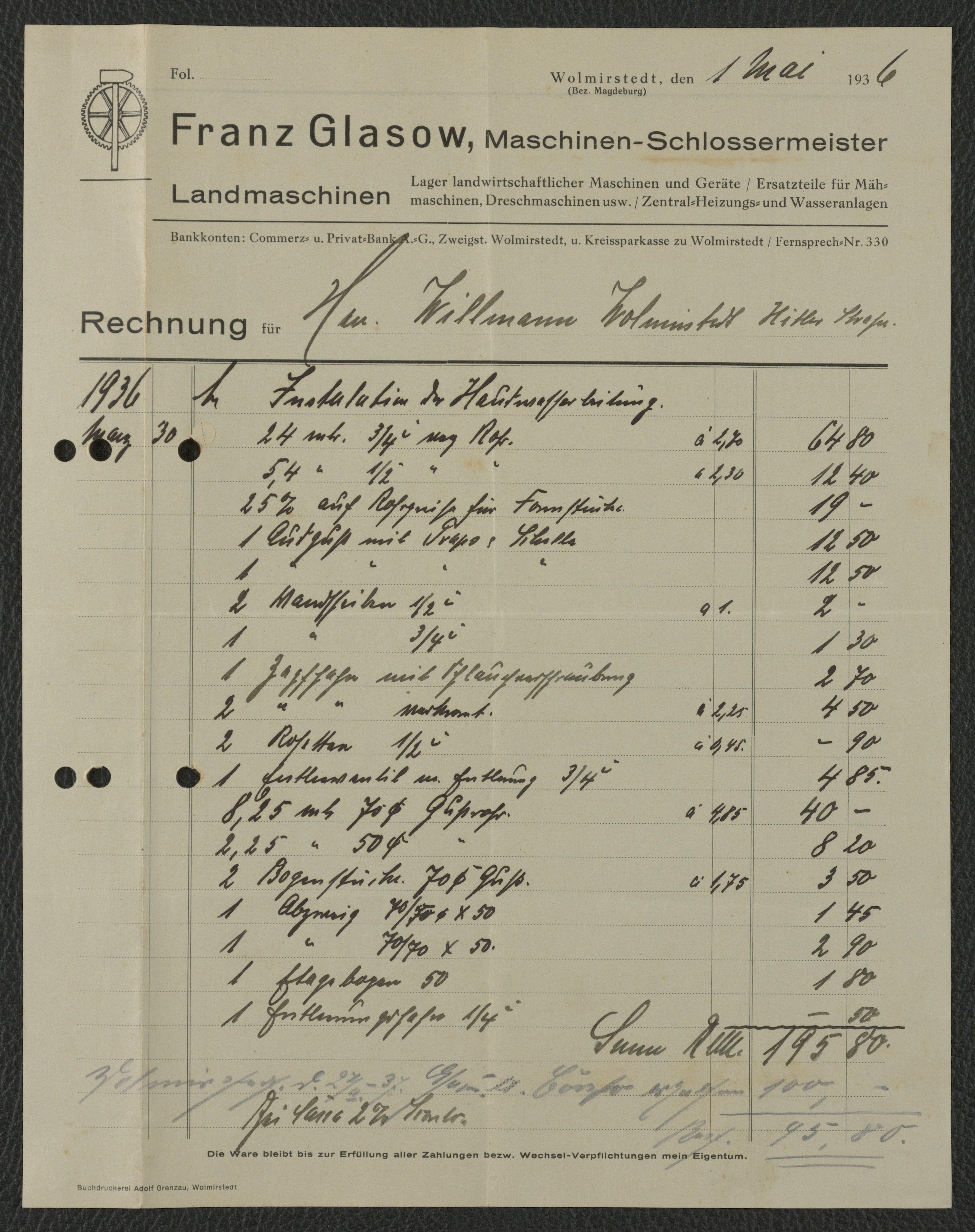 Rechnung Maschinen-Schlossermeister Franz Glasow für Willmann, Wolmirstedt vom 01.05.1936 (Museum Wolmirstedt RR-F)