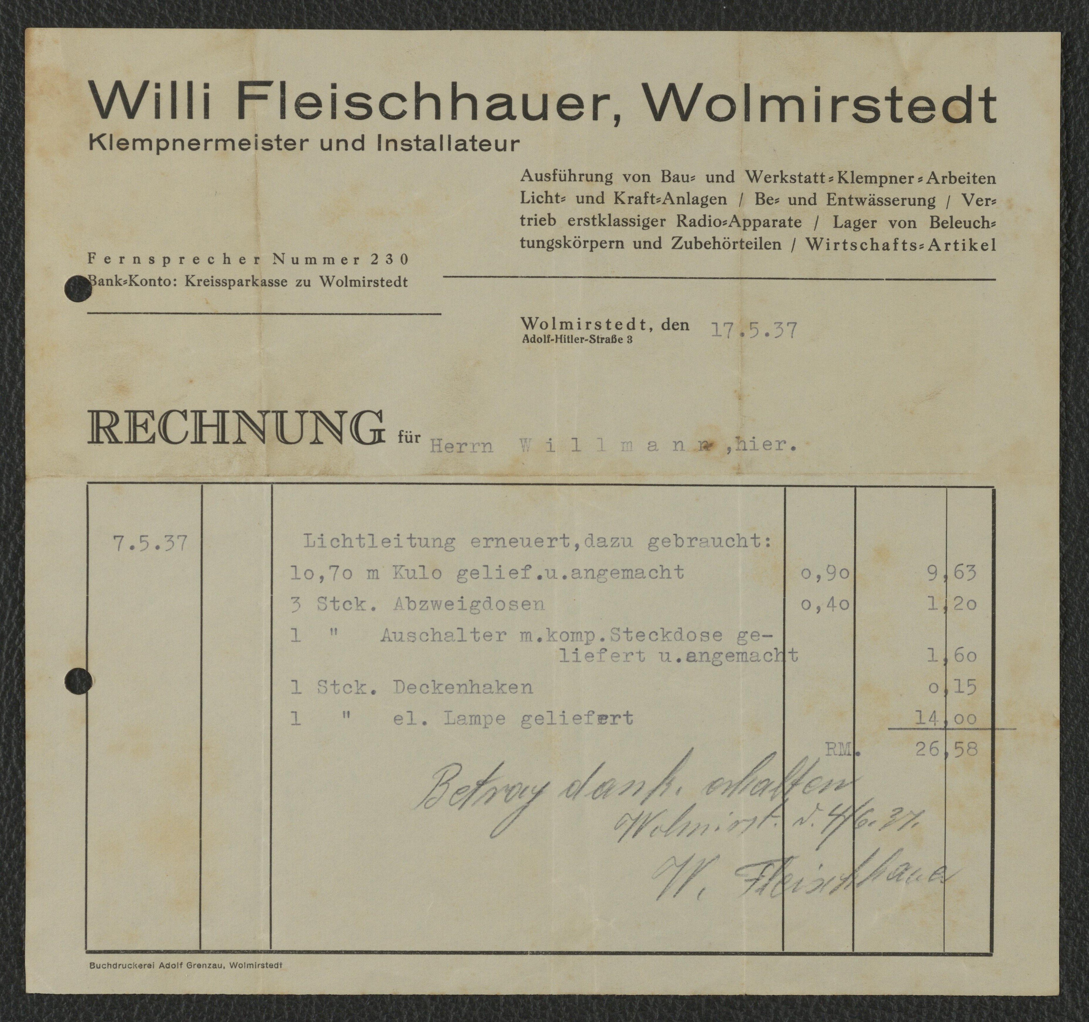 Rechnung Klempnermeister und Installateur Willi Fleischhauer für Willmann, Wolmirstedt, 17.05.1937 (Museum Wolmirstedt RR-F)