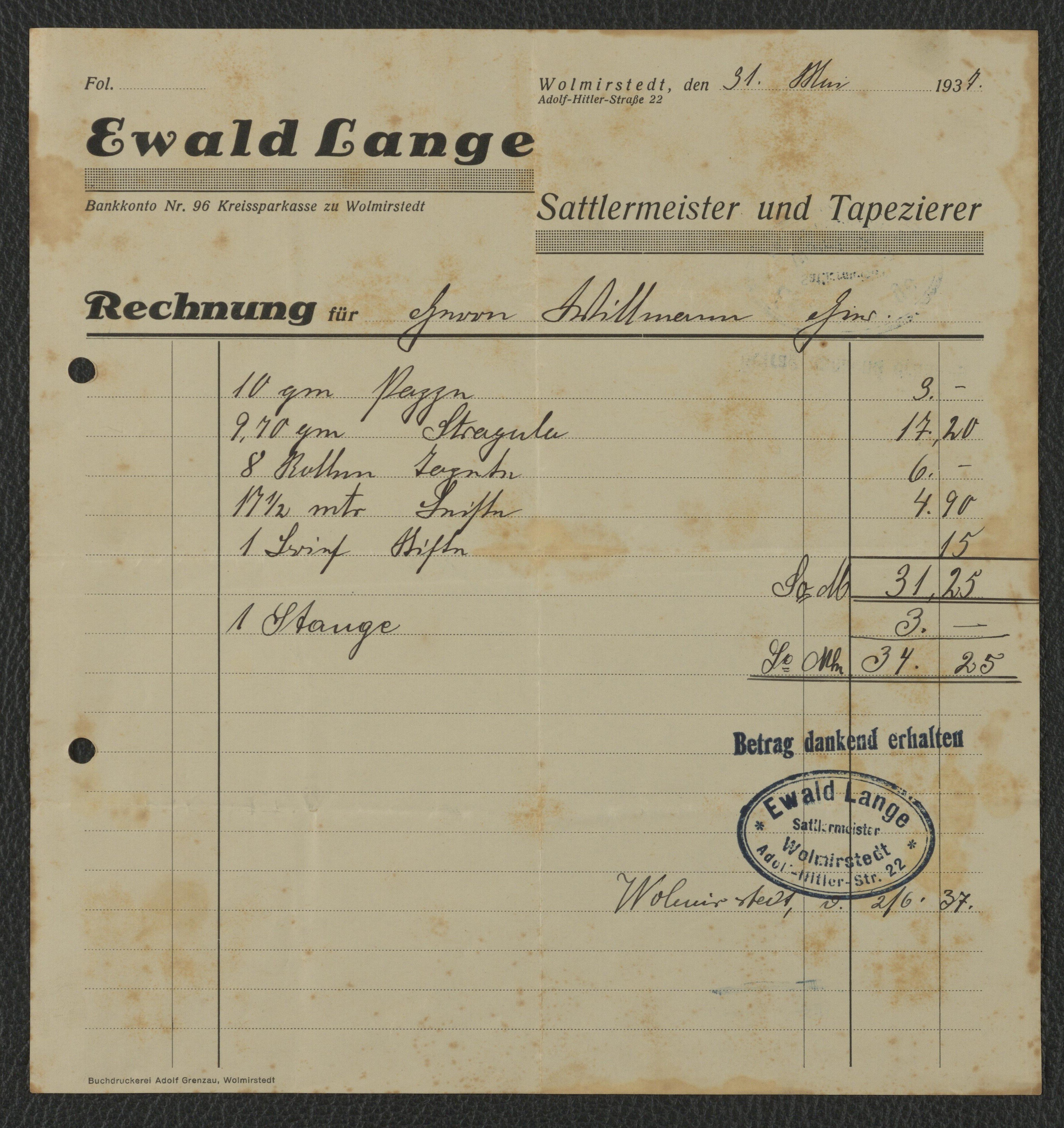 Rechnung Sattlermeister und Tapezierer Ewald Lange für Willmann, Wolmirstedt vom 31.05.1937 (Museum Wolmirstedt RR-F)