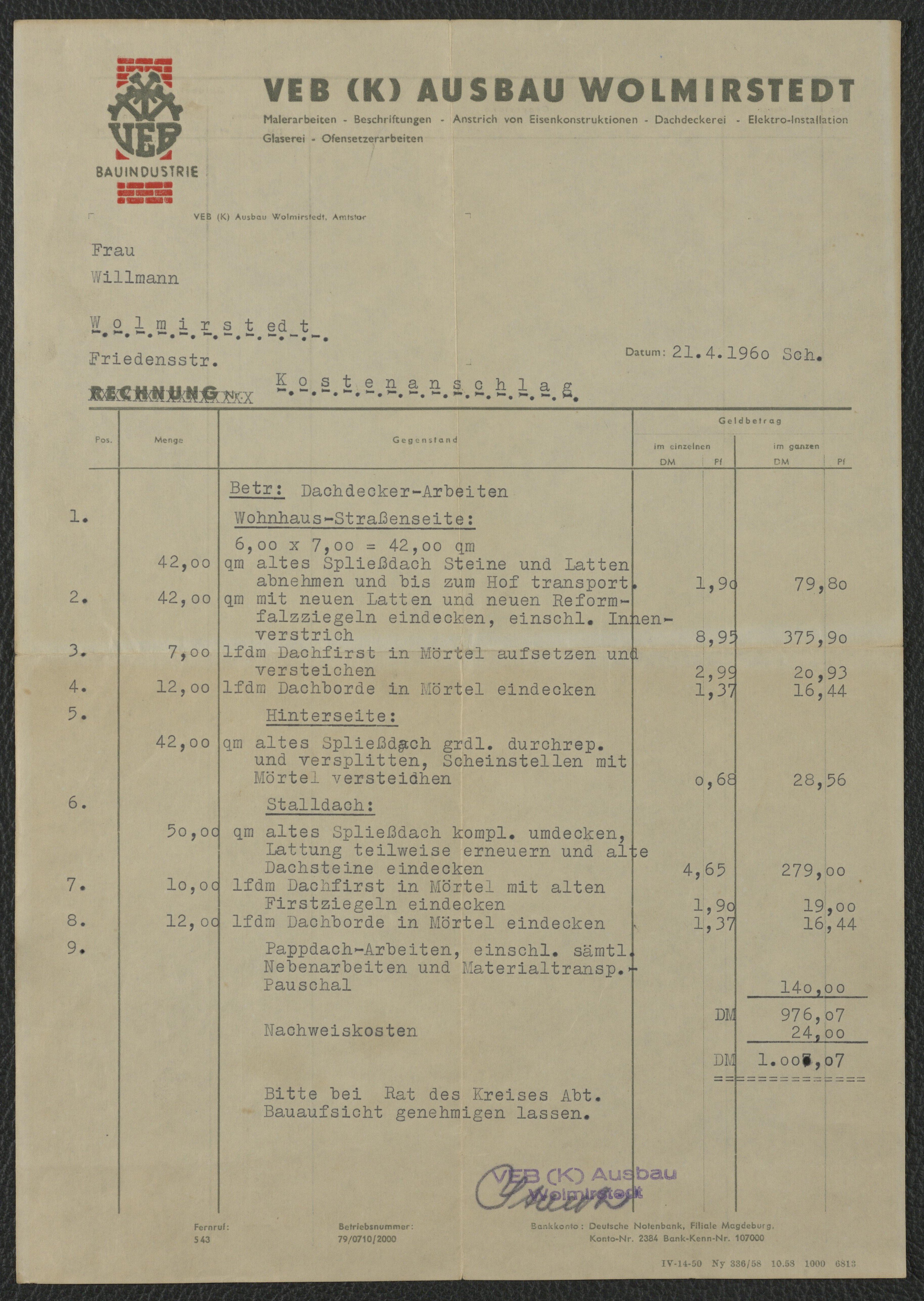 Kostenvoranschlag des VEB (K) Ausbau Wolmirstedt für Willmann, Wolmirstedt vom 21.04.1960 (Museum Wolmirstedt RR-F)