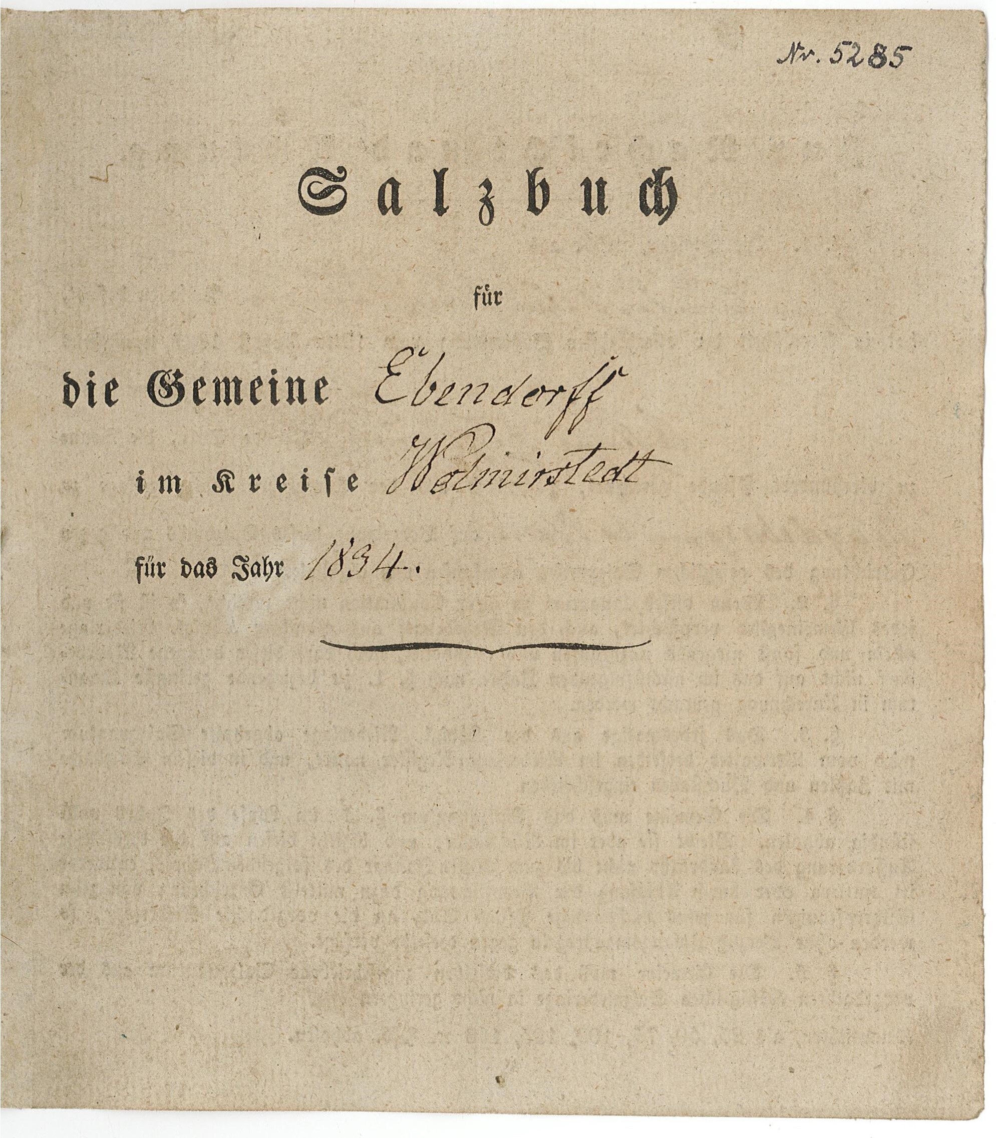 Salzbuch der Gemeinde Ebendorf, 1834 (Museum Wolmirstedt RR-F)