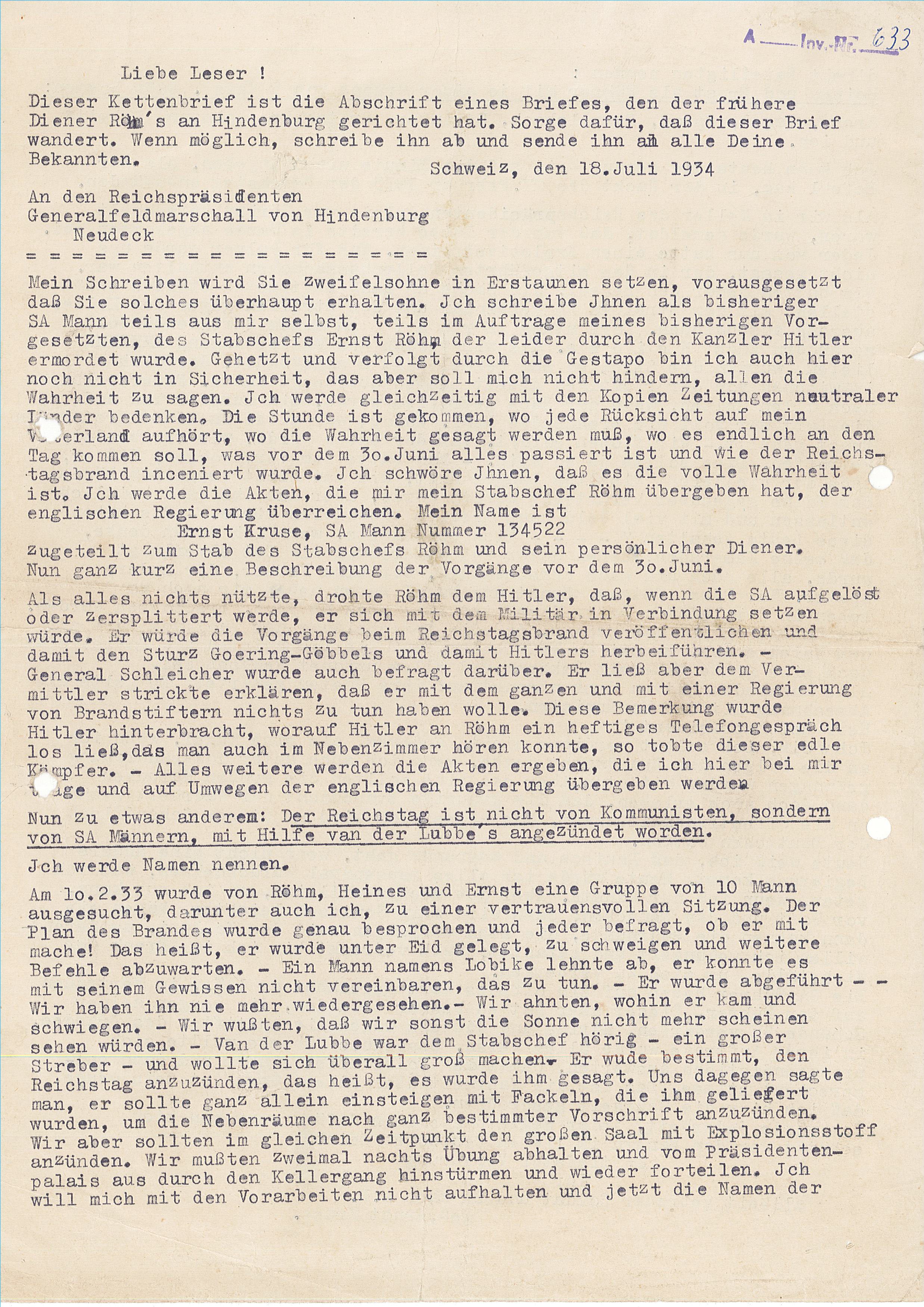 Brief über den Reichstagsbrand (Museum Wolmirstedt RR-F)