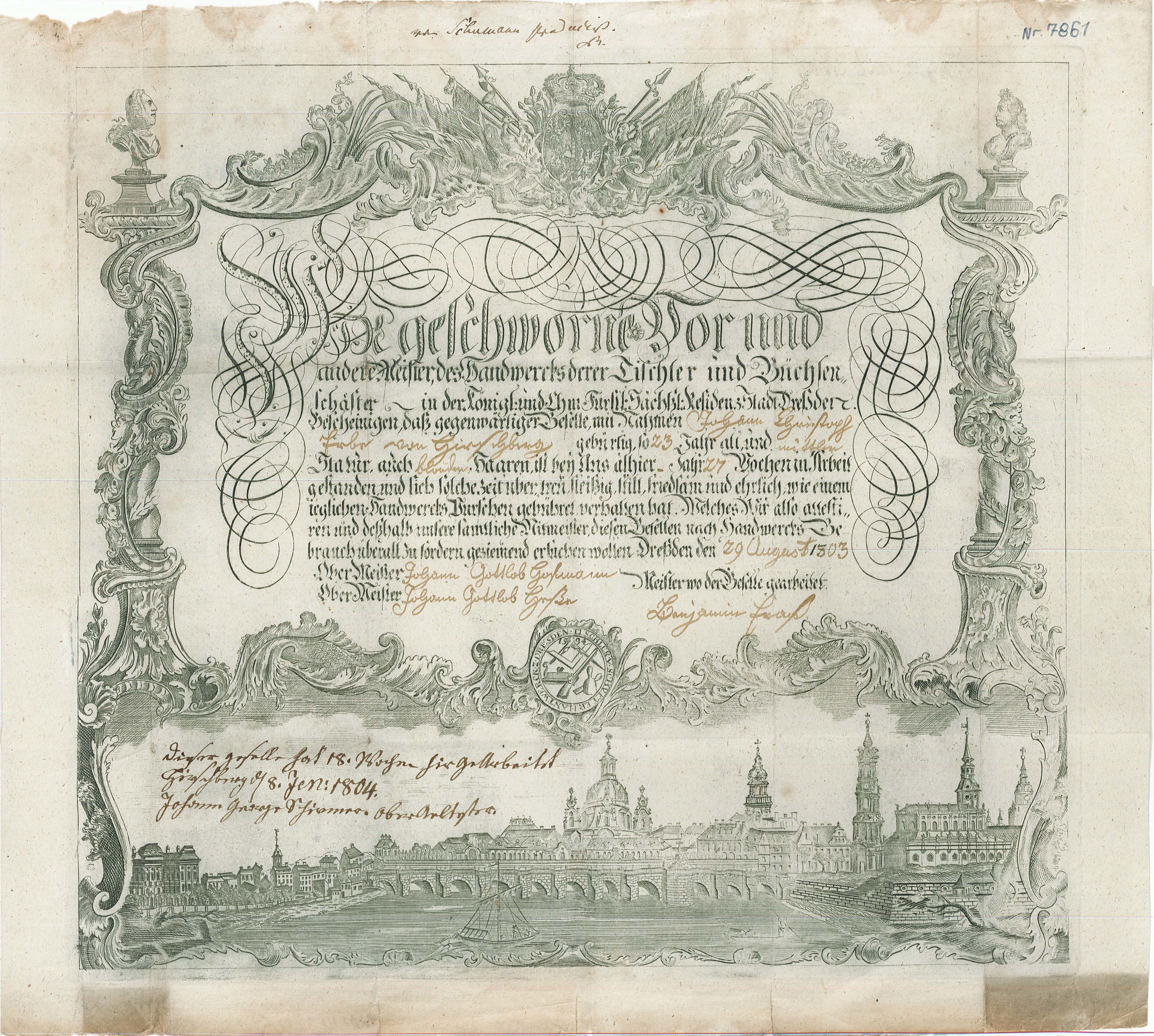 Gesellenzeugnis für Tischler und Büchsenschäfter Johann Christoph [Erbe] von Hirschberg, 1803 (Museum Wolmirstedt RR-F)