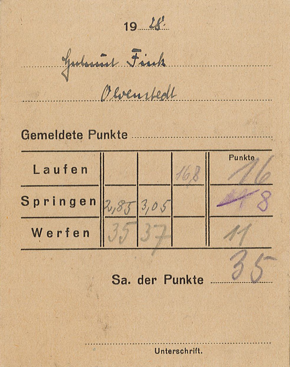 Leistungsnachweis für Helmut Fink, Olvenstedt (1928) (Museum Wolmirstedt RR-F)