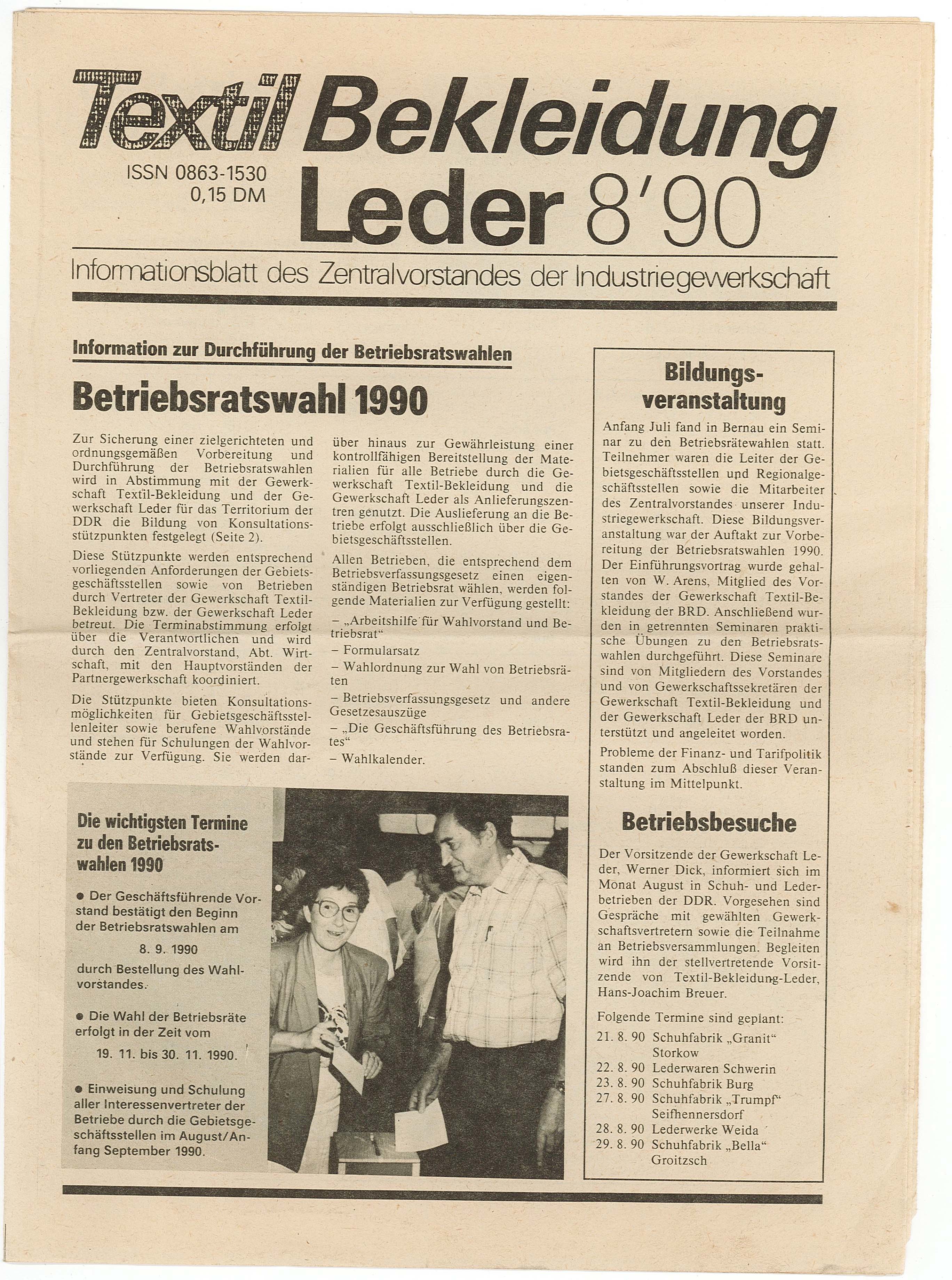 Zeitung "Textil Bekleidung Leder" - 08.1990 (Museum Wolmirstedt RR-F)