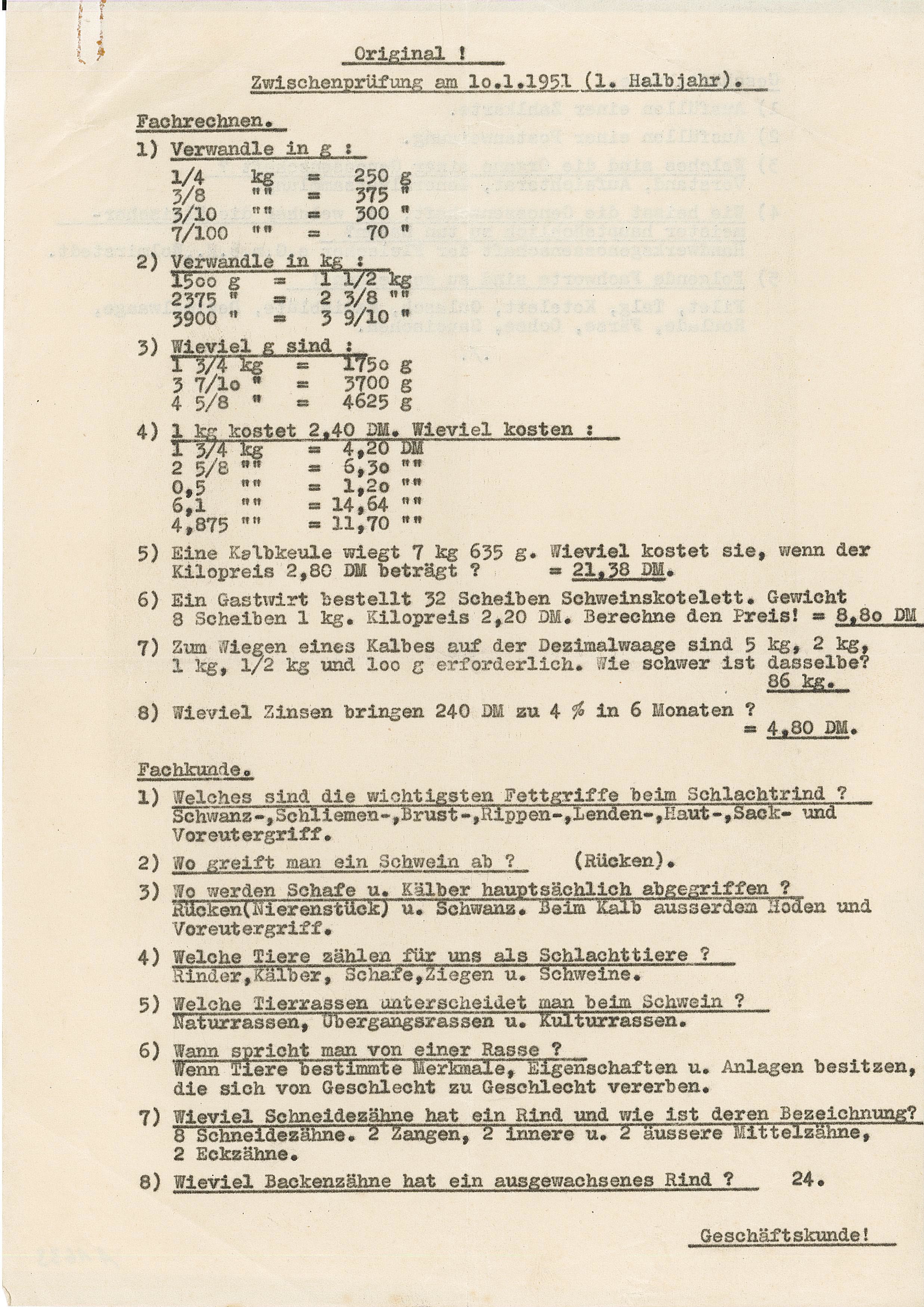 Fragen Zwischenprüfung 1. Halbjahr Ausbildung zum Fleischer, 1951 (Museum Wolmirstedt RR-F)